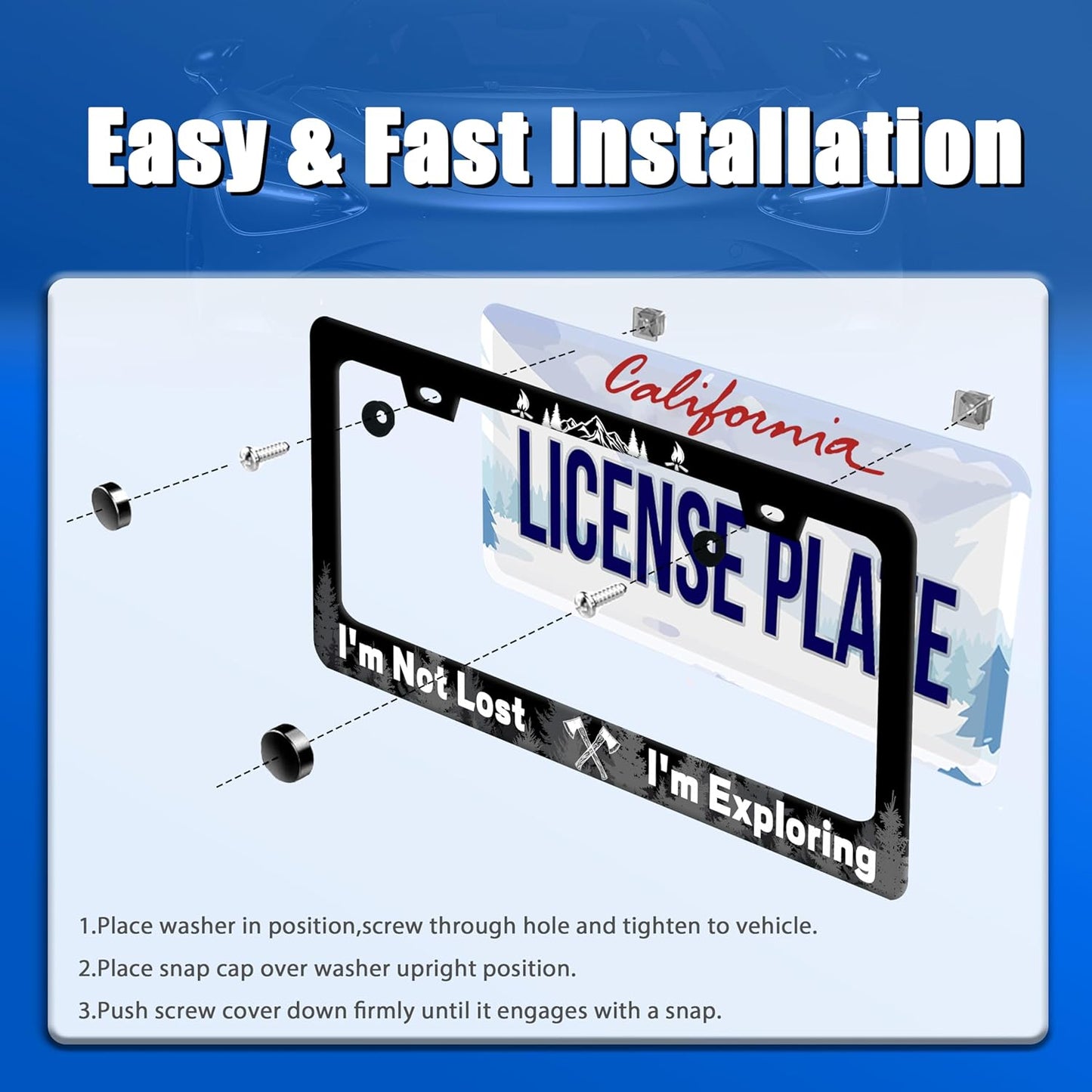 Funny License Plate Frame I'm Not Lost I'm Exploring License Plate Stainless Steel Mountain License Plate Holder Black Car Accessories Decoration With 2 Screws Fits Standard Vehicles Size 12.3" x 6.3"