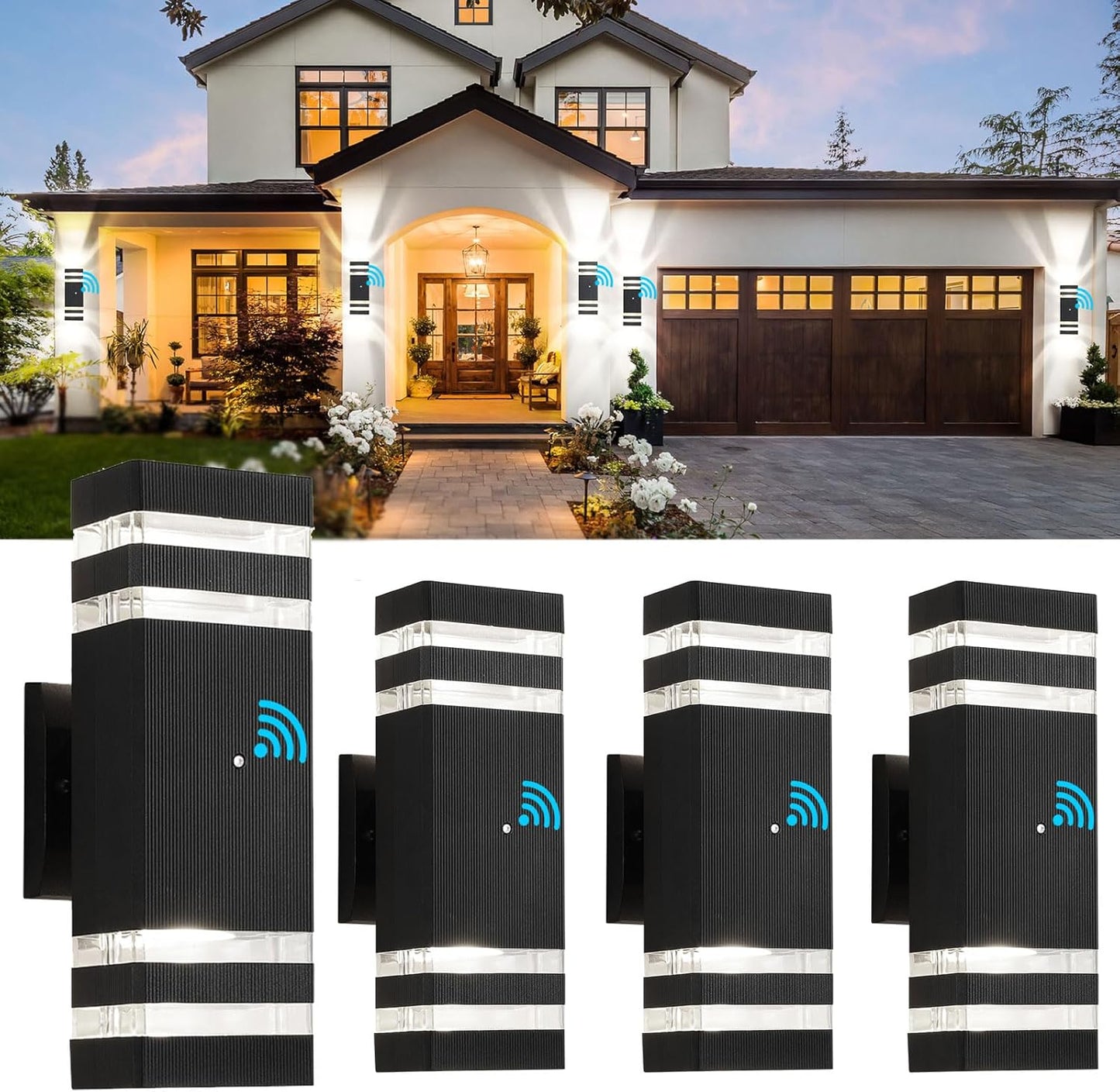 tewei 4 Pack Dusk to Dawn Outdoor Wall Lights Modern Exterior Light Fixture, 2-Layer Black Outside Lights for House, IP65 Waterproof Up and Down Outdoor Sconces Wall Lighting for Garage Porch, 3000K