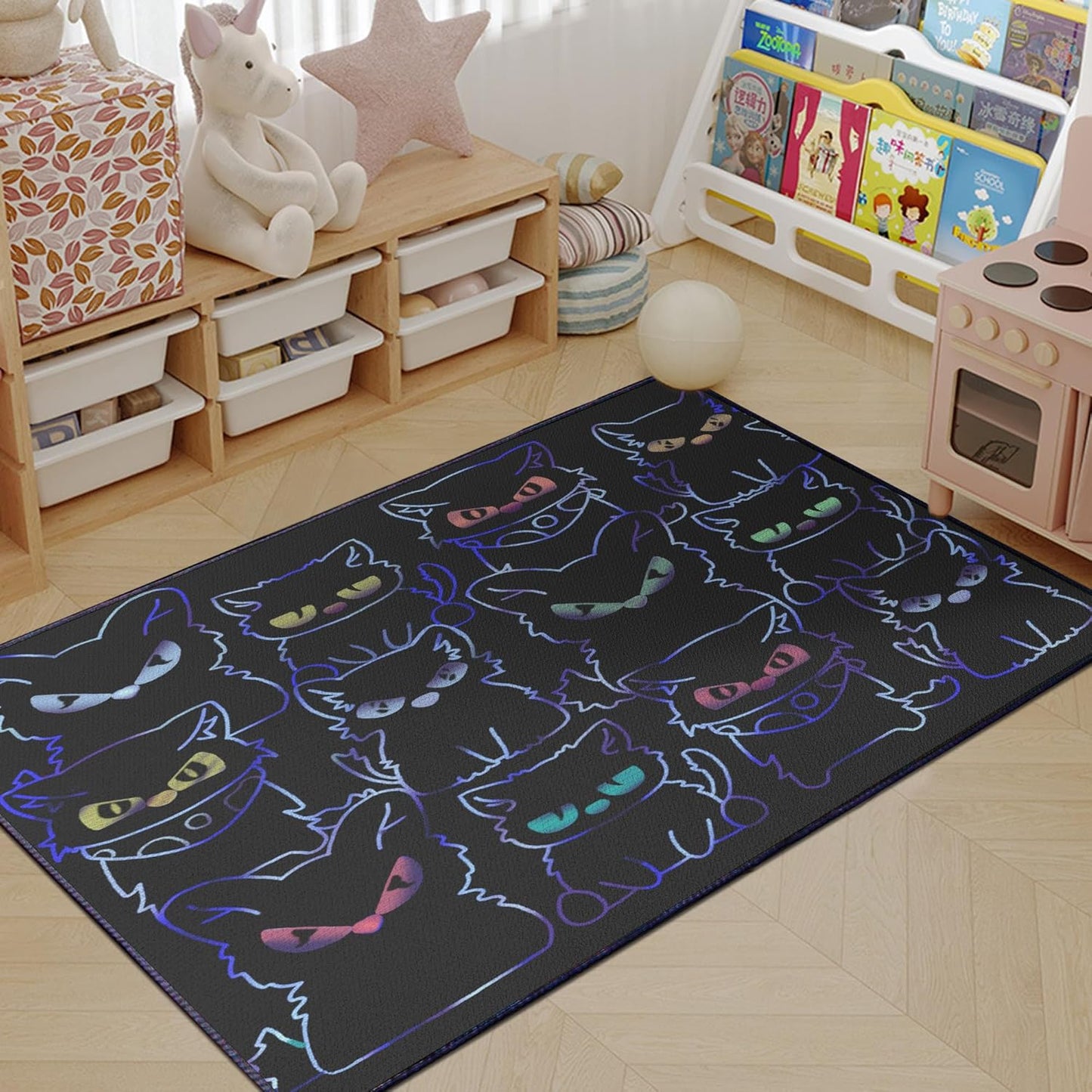 Black Play Cat Rug for Playroom for Boys Girls 2x3 Funny Cute Cat Cartoon Decor for Bedroom Living Room Non-Slip Comfy Floor Casual Mat Carpet Washable