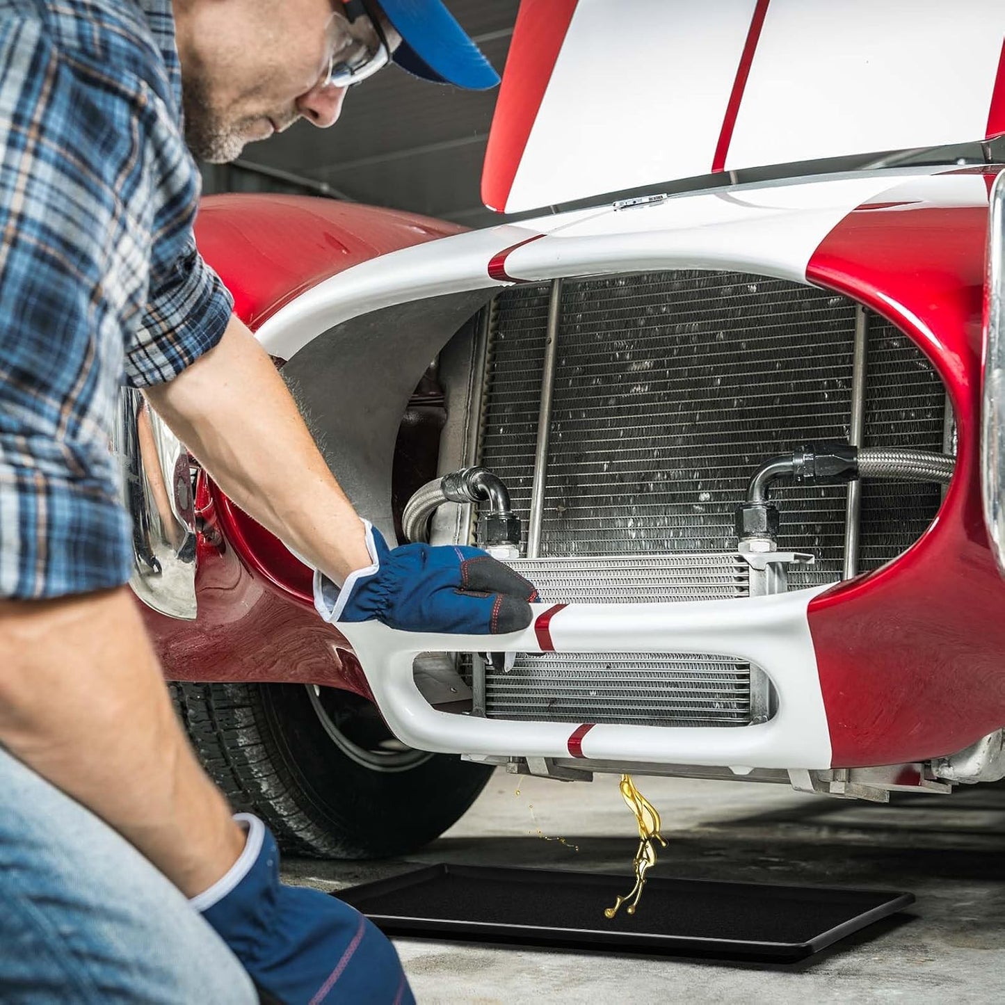 Uiifan 2 Sets 35 x 24 x 1.4 Inch Oil Drain Drip Pan for Under Car with Square No Splatter Pad Oil Drip Tray Transmission Garage Automotive Driveway to Keep Floor Clean, Black