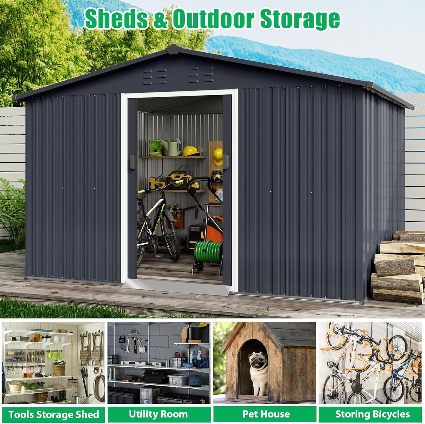 10x10 Ft Outdoor Storage Shed, Steel Utility Tool Shed with Sloped Roof & Lockable Door, Backyard Garden Patio Lawn Outdoor Shed for Organising Tools and Equipment in Yard, Garden, Grey