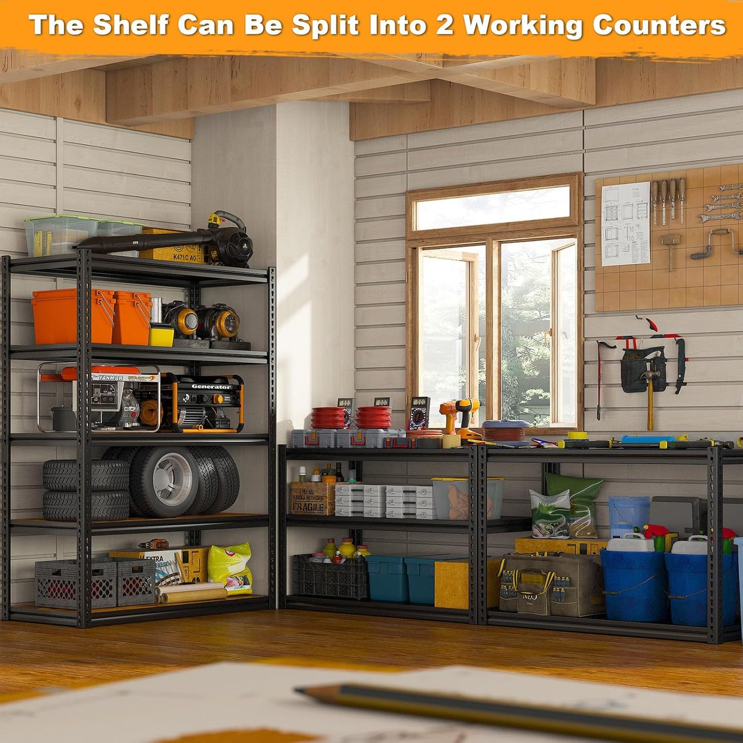 REIBII Garage Shelving 2500LBS Storage Shelves Adjustable Metal Shelving Heavy Duty Shelving 65.7" H Metal Shelves for Pantry Kitchen 15.35" D x 33.85" W x 65.74" H Black