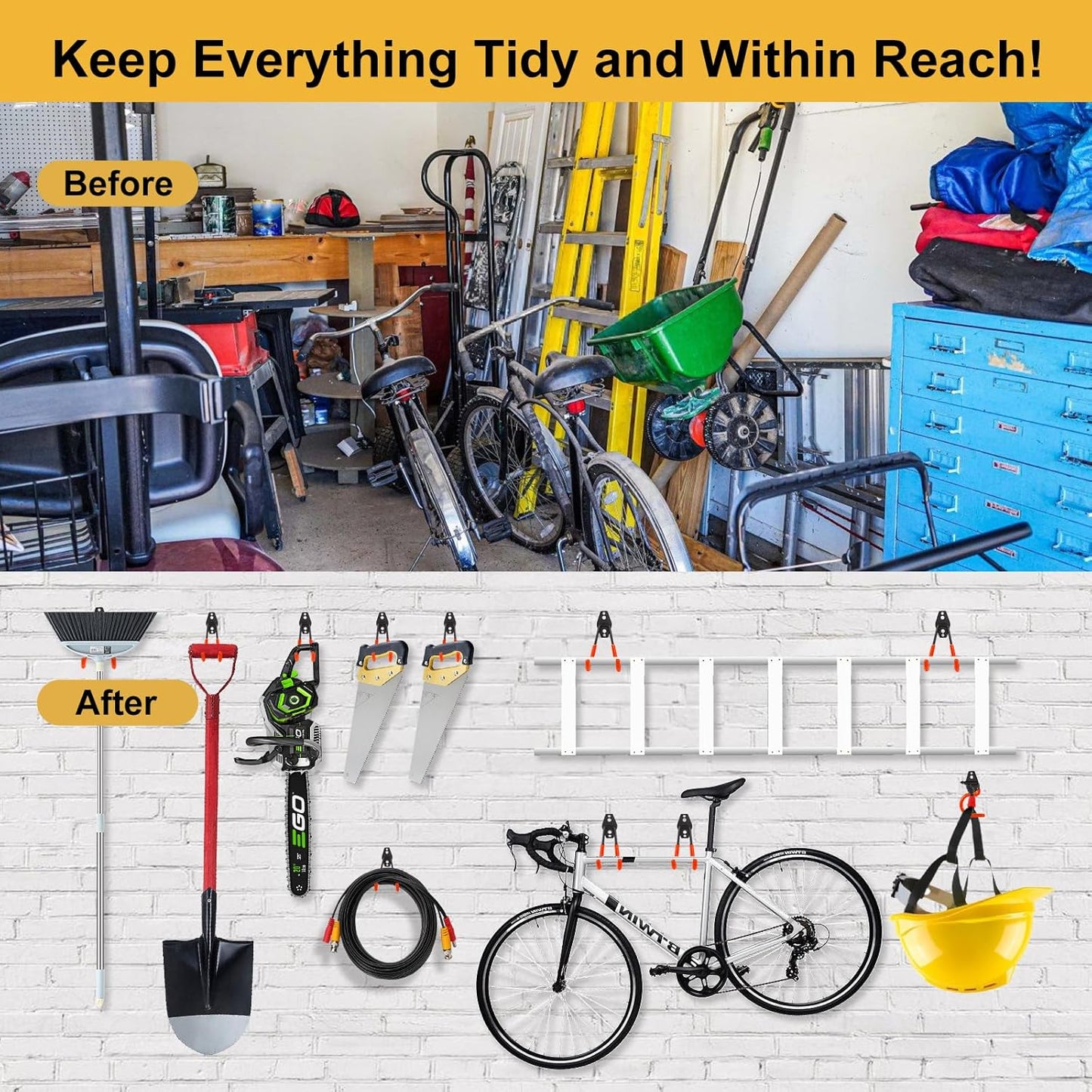 Steel Garage Hooks Wall Tool Organizer, 14 Pack Garage Storage Hook Heavy Duty Utility Storage Hangers Orange for Ladders, Ropes, Garden Tools