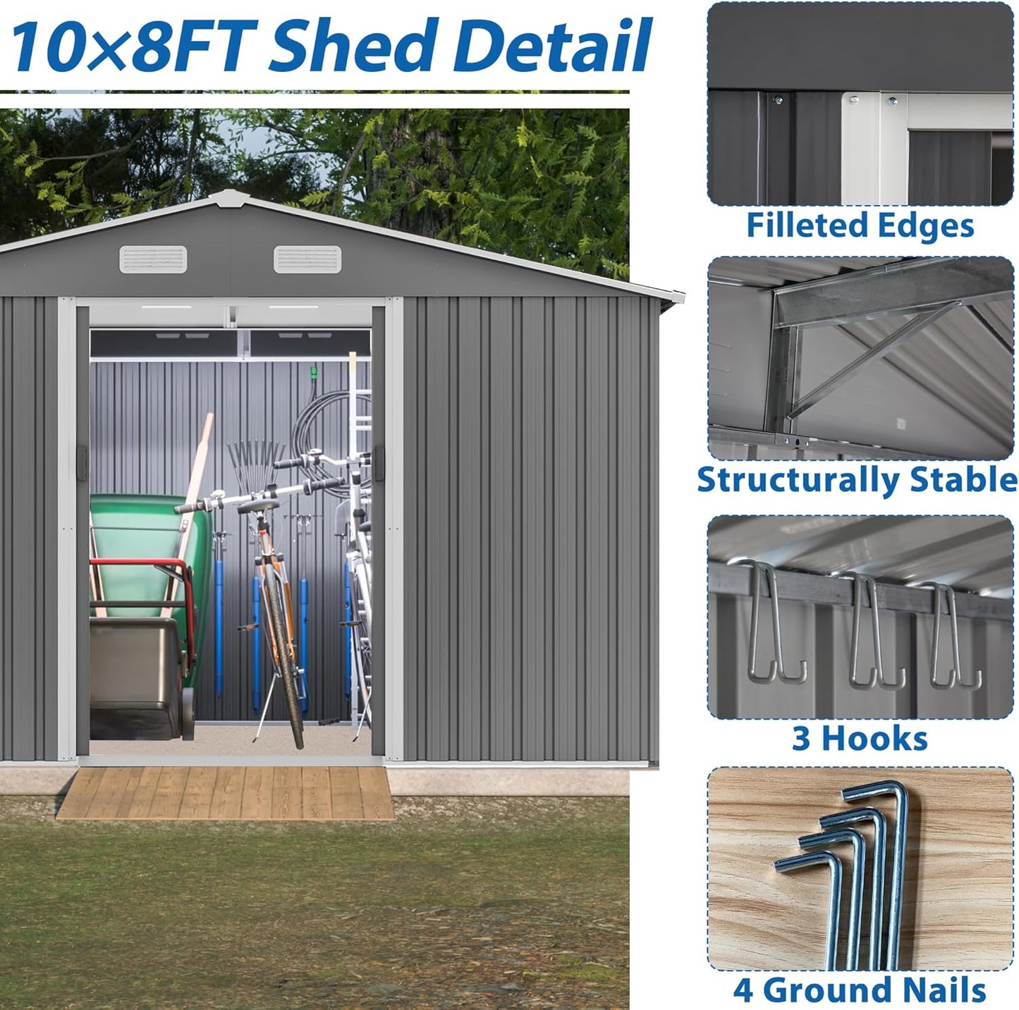 10X8 FT Outdoor Tool Storage Shed with Metal Foundation & Lockable Doors, All Weather Metal Sheds for Garden, Patio, Backyard, Lawn