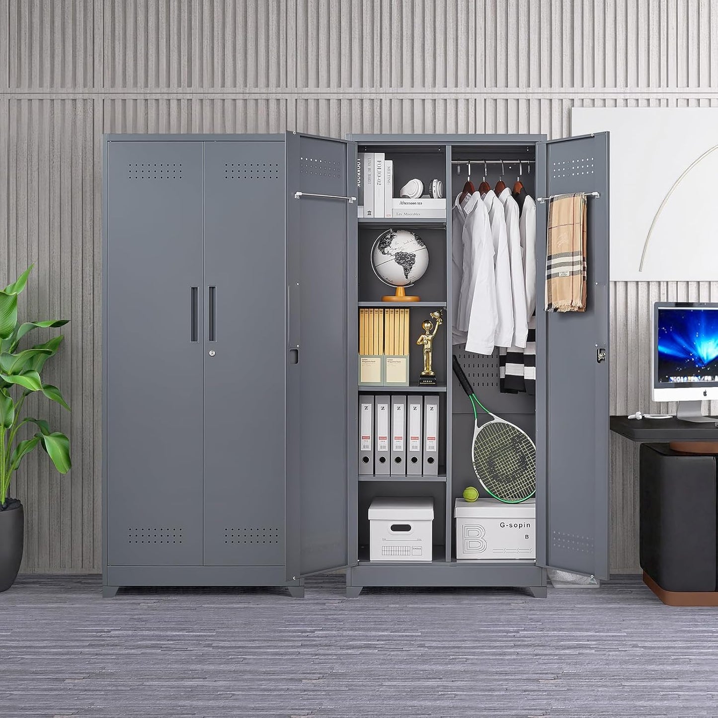 GREATMEET 72.8" Broom Storage Cabinet，Metal Storage Cabinets for Cleaning Supplies with Pegboard, Utility Closet, Broom Mop Cabinet, Grey