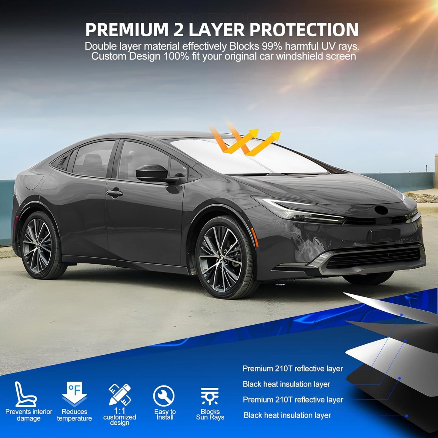 Windshield Sun Shade for Toyo-ta Prius (NOT for Prius C or Prius V) 2023-2025 Foldable Sunshade Custom Fit Front Window Car Interior Accessories Protector Blocks UV Rays