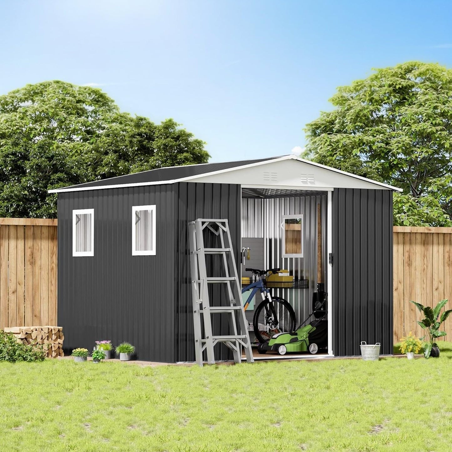 12x10 FT Outdoor Storage Shed with 4 Windows, Durable Metal Garden Sheds w/Updated Frame and Lockable Sliding Doors, Waterproof All-Weather Shelter Tool House for Backyard, Patio, Lawn, Grey