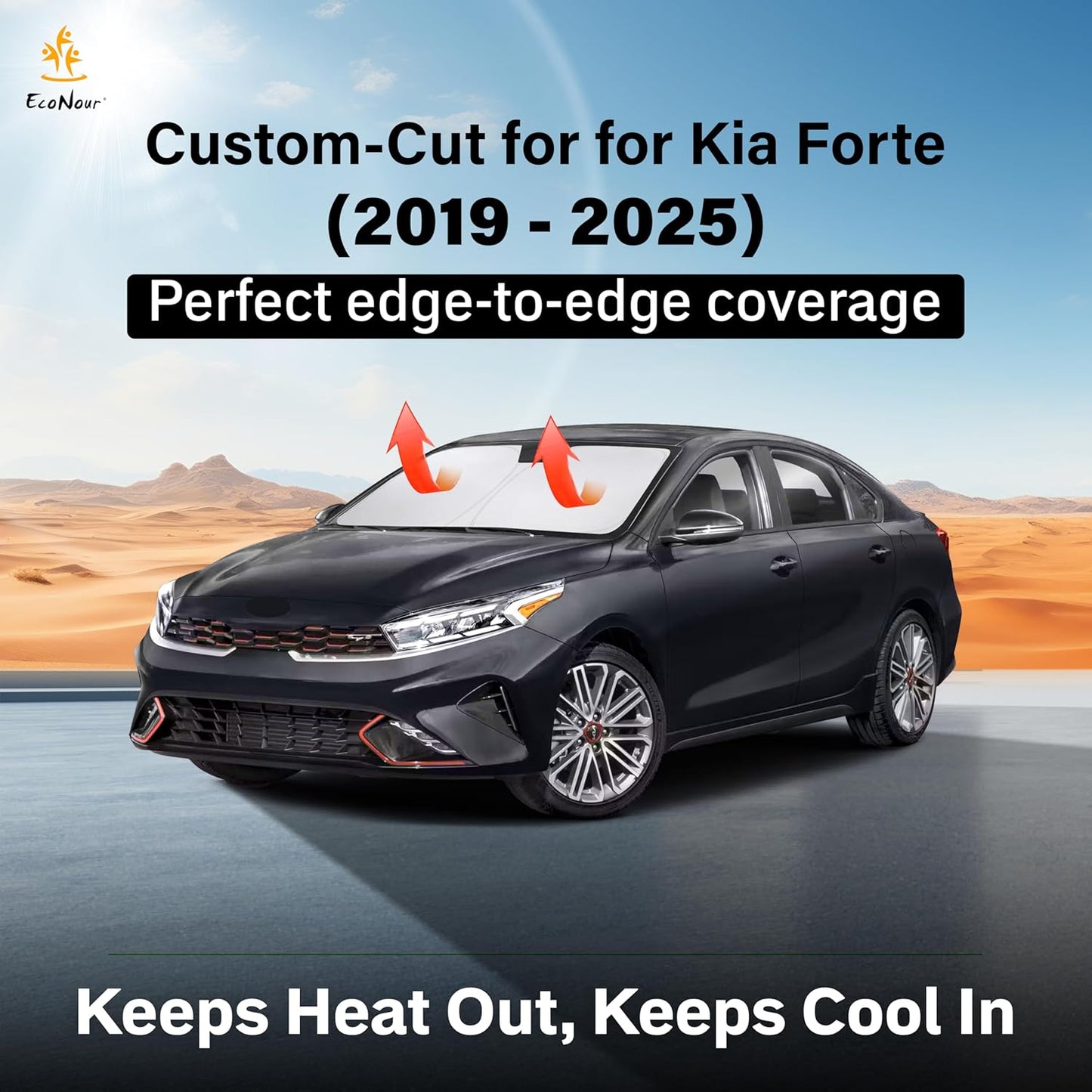 Econour Windshield Sun Shade for Kia Forte 2019-2025 Accessories Custom Fit Window Shade Sun Visor Protector Foldable Blocks UV Rays Keep Your Car Cooler