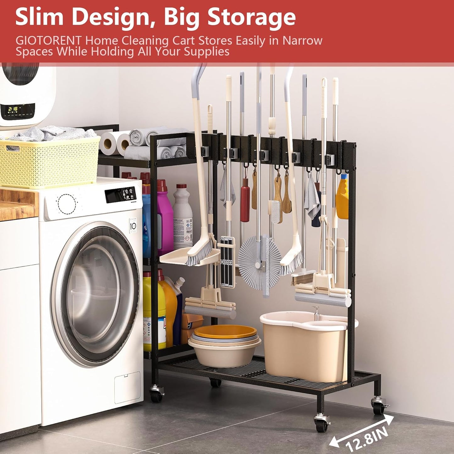 GIOTORENT Heavy Duty Metal Cleaning Cart with Wheels - 300lb Capacity Rolling Broom Holder & Supplies Organizer, 10 Adjustable Clips, 5 Double-Hooks, 3-Tier Shelves, Brakes for Home, Commercial, Black