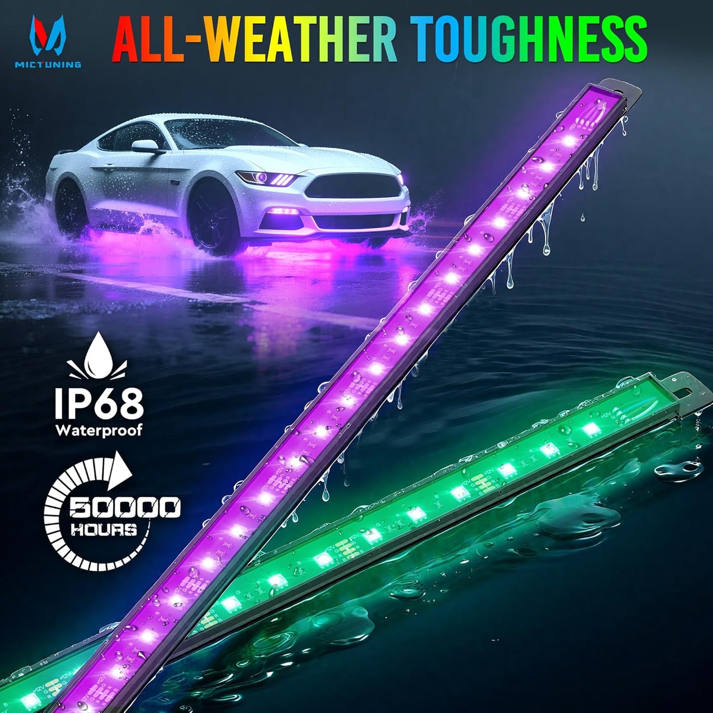 MICTUNING U8 RGB+IC Underglow LED Light Bars (8-Piece Kit) 888 LEDs, Dual Remote Control, Chasing/Fading Modes, IP68 Waterproof Aluminum Housing