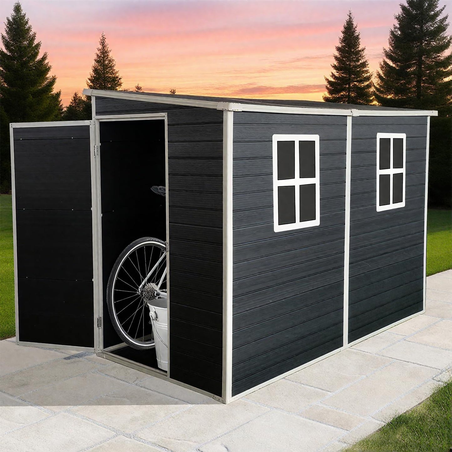 4x8 FT Outdoor Storage Resin Shed with Floor,Waterproof Plastic Garden Bike Shed with Lockable Door, Sloped Roof, Vents & Windows, Easy Assembly Tool Shed for Lawn, Backyard, Patio, Black