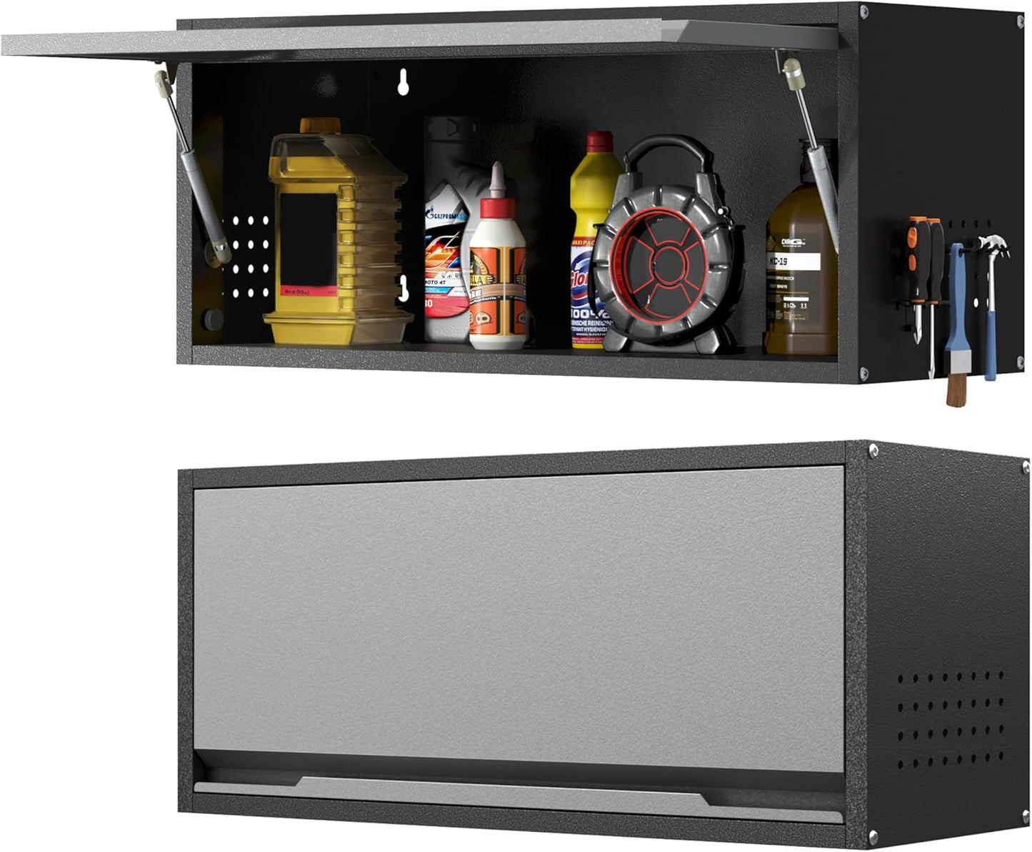 Metal Garage Wall Cabinet with Doors Side with Holes,13.8" H 1 Door Small Wall Hanging Tool Chest Cabinet,Garage Storage Cabinet for Garage, Basement, Kitchen, Warehouse,Office, Bathroom-Black Gray