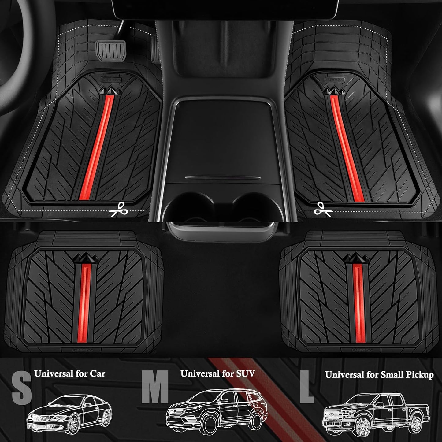 CAR PASS Metal Medium Rubber Floor Mats for car Heavy Duty car mats All Weather, Universal Trim to Fit for Truck SUV Vehicle Automotive Floor Mats, Waterproof car mats 4 Piece (Red Black)