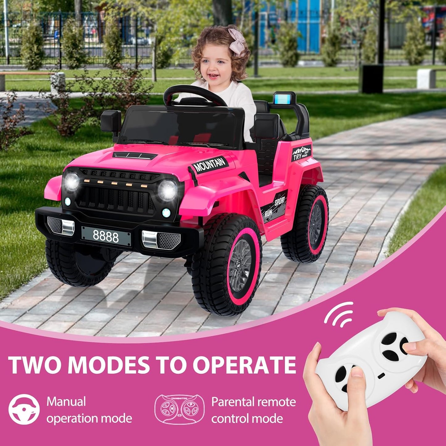 12V Kids Ride on Truck Car, w/Parent Remote Control, Twin 35w Motors, 3 Speeds, LED Lights, Music & Horn, Spring Suspension, Kids Electric Vehicles Toy for 3-5 Years Old Boys Girls Gift, Pink