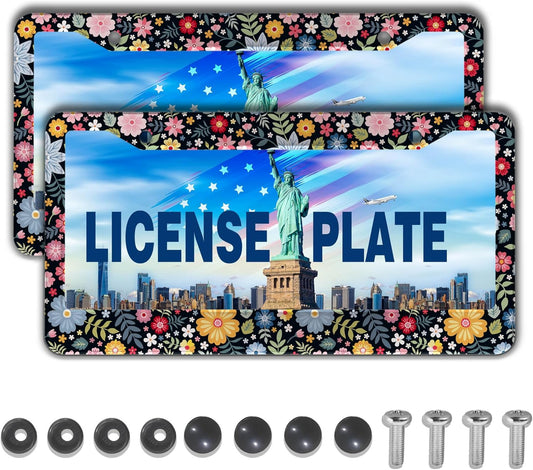 License Plate Protector Multicolor License Plate Frames Colorful Floral Flowers Universal Aluminum Car Accessory 2 Pack with Screw Covers Set