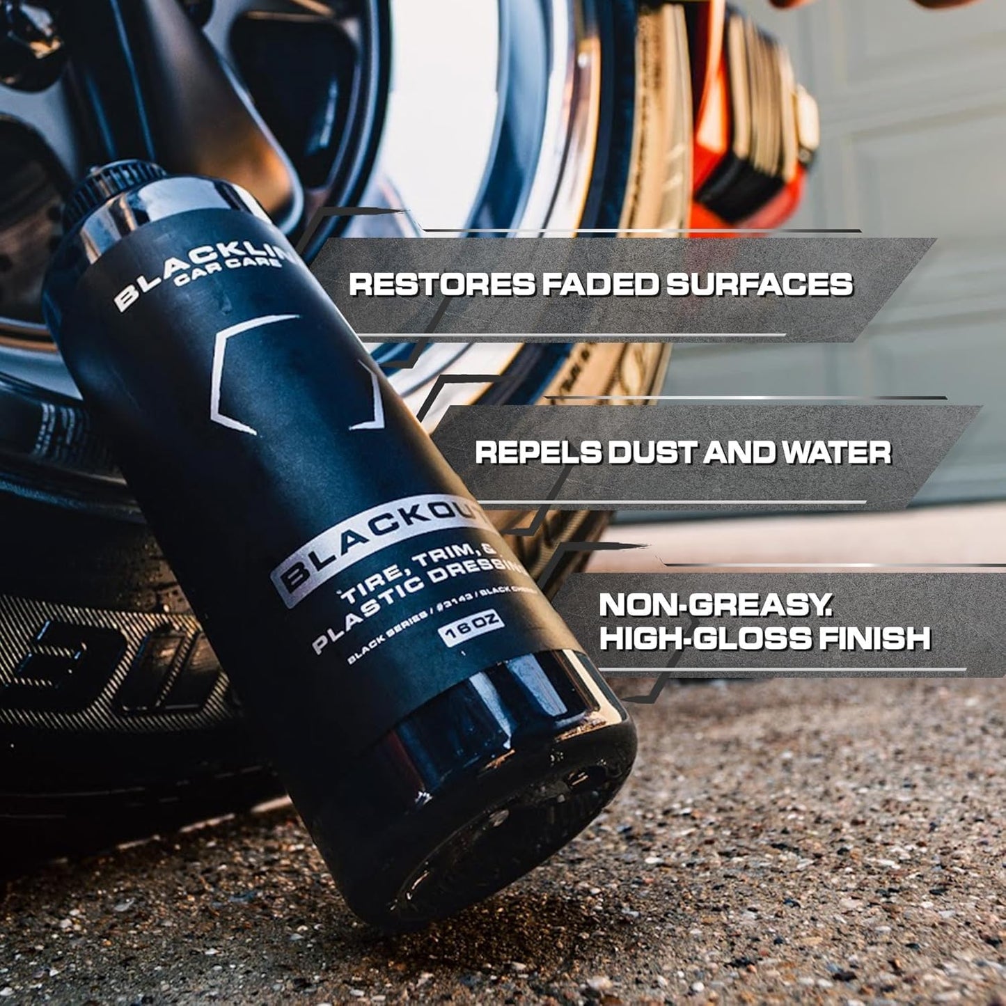Blackline Car Care - Blackout Trim and Tire Dressing for Plastic, Rubber, Vinyl, and Tires Safe for Cars, Trucks, SUVs & More - 16 fl OZ
