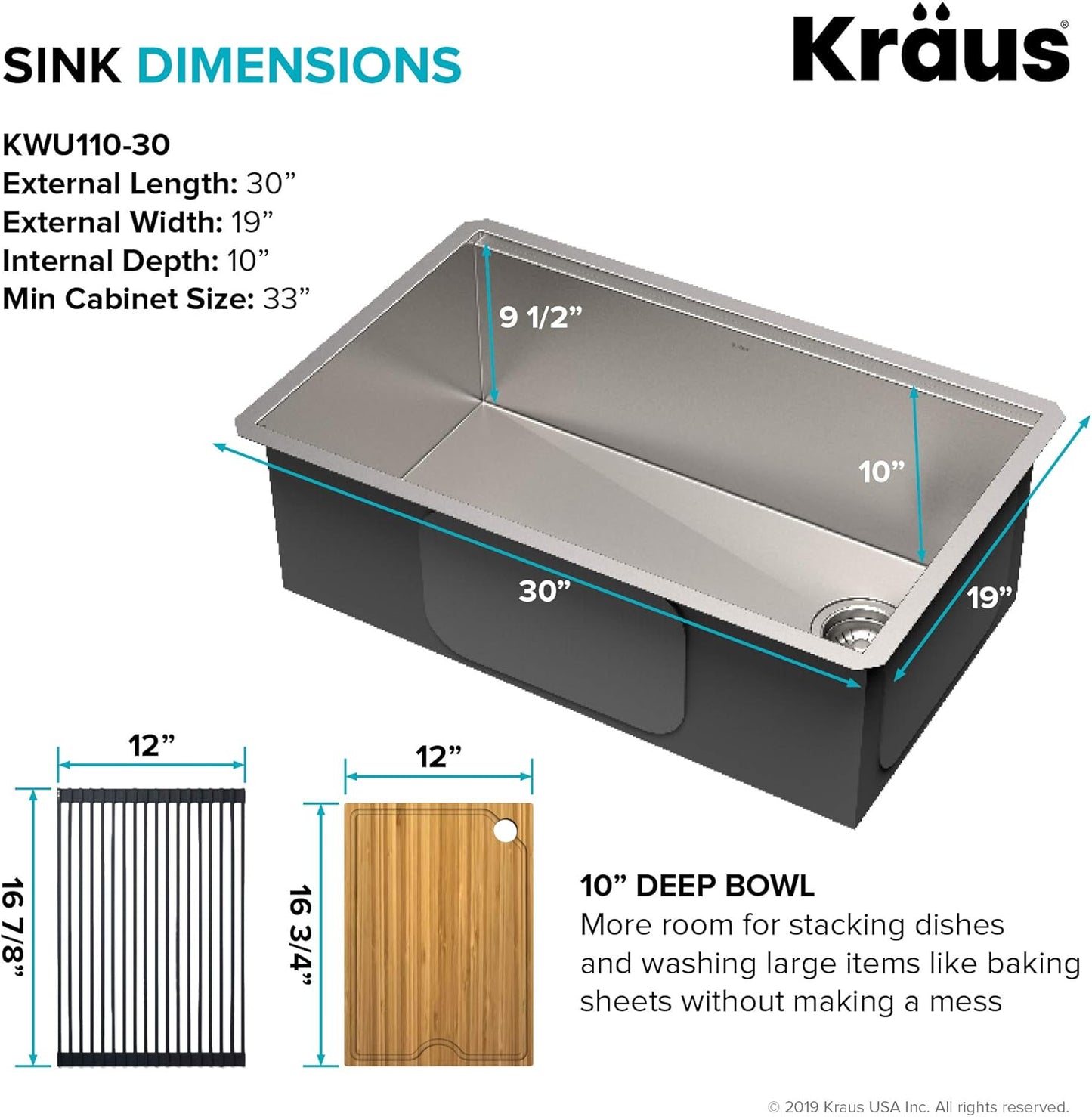 KRAUS Kore Workstation 30-inch Undermount 16 Gauge Stainless Kitchen Sink, Single Bowl Kitchen Sink with 3/4 HP Garbage Disposal, KWU110-30-100-75MB