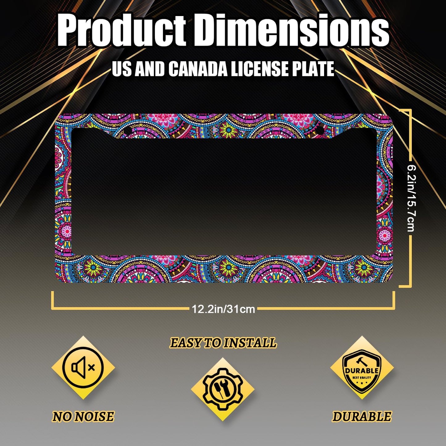 Purple Mandala License Plate Frame Hippie Boho License Plate Holder Stainless Steel Front and Rear Car Tags Auto Parts Funny License Plate Decoration with Screws for Men Women s 12.2"x 6.2"