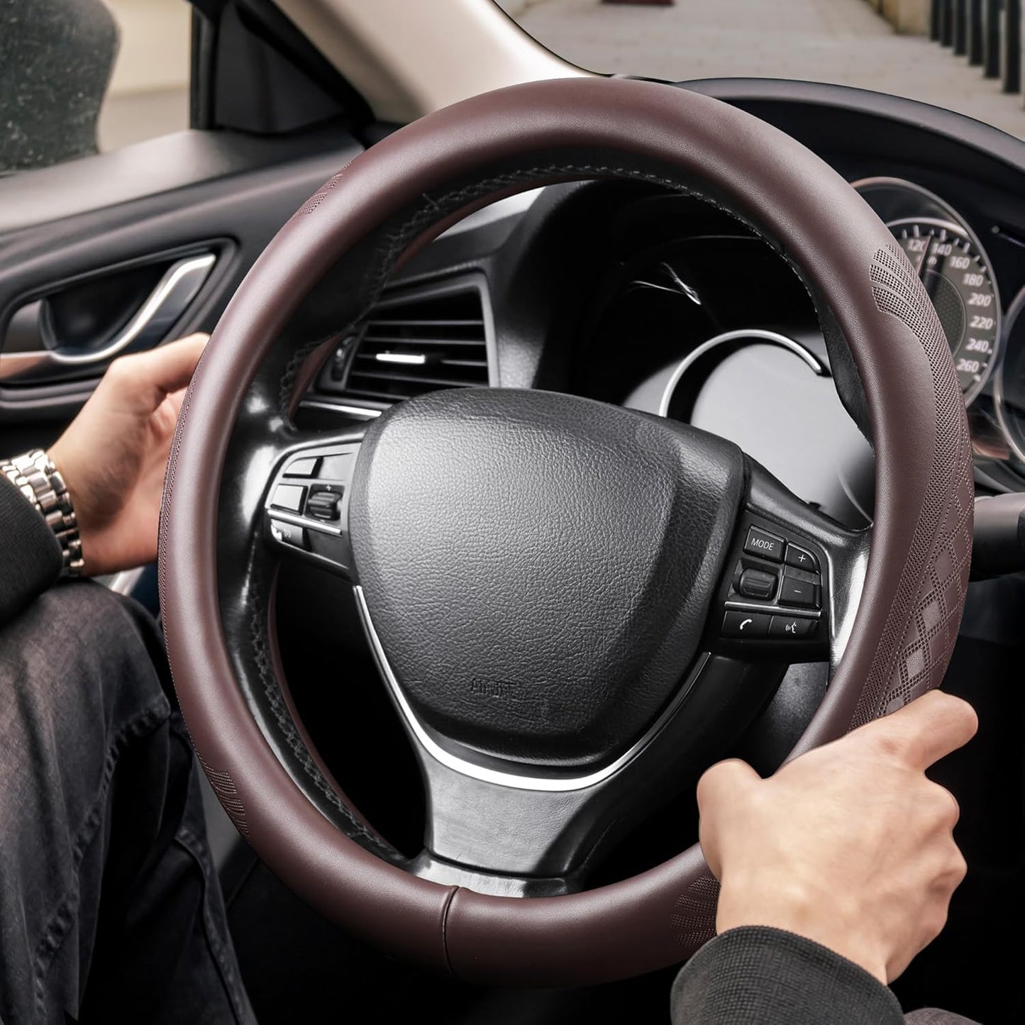 【2025 Model】 High-Grade Real Cowhide Steering Wheel Cover for Men Women，Brown Genuine Leather Steering Wheel Cover for Cars,Universal 14.5-15 inch Steering Wheels,Grid & Square Motif