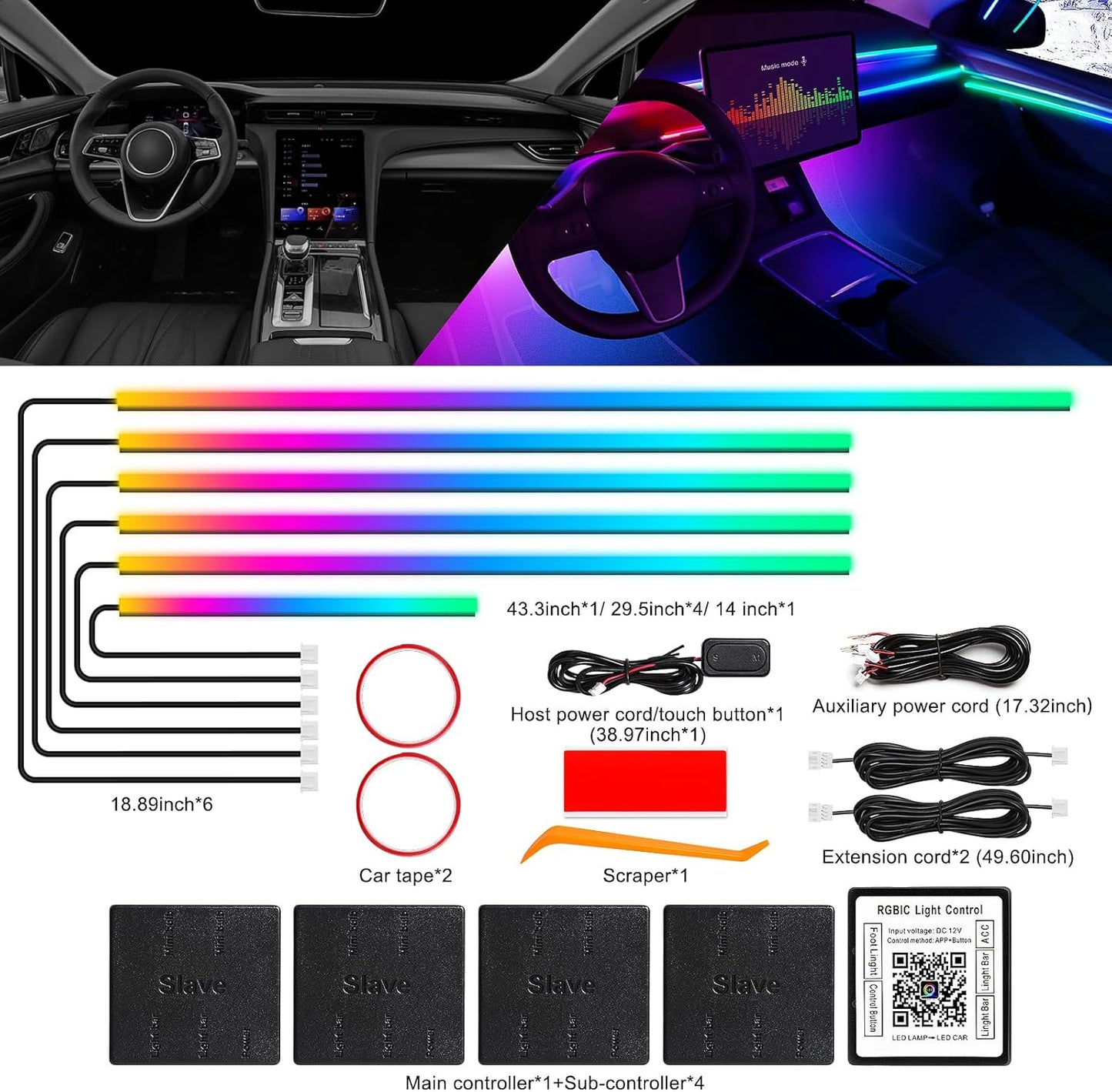 Dreamcolor Acrylic Interior Car LED Strip Light with Wireless APP, RGB 6 in 1 with 175 inches 612 LEDs Fiber Optic Car Ambient Lighting Kits, Dynamic Chasing Music Sync Neon LED Strip Lights for Car