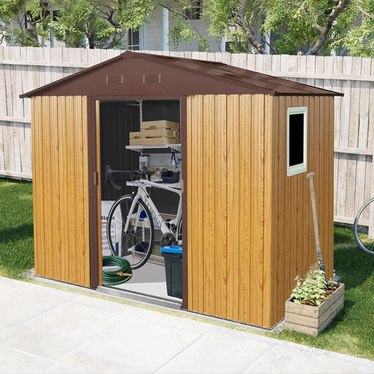 4x8 FT Outdoor Storage Shed, Metal Garden Shed with Frame Floor, Outside Tool Shed with Window, Waterproof Storage Building with Lockable Sliding Doors & Sloped Roof for Backyard, Patio, Coffee