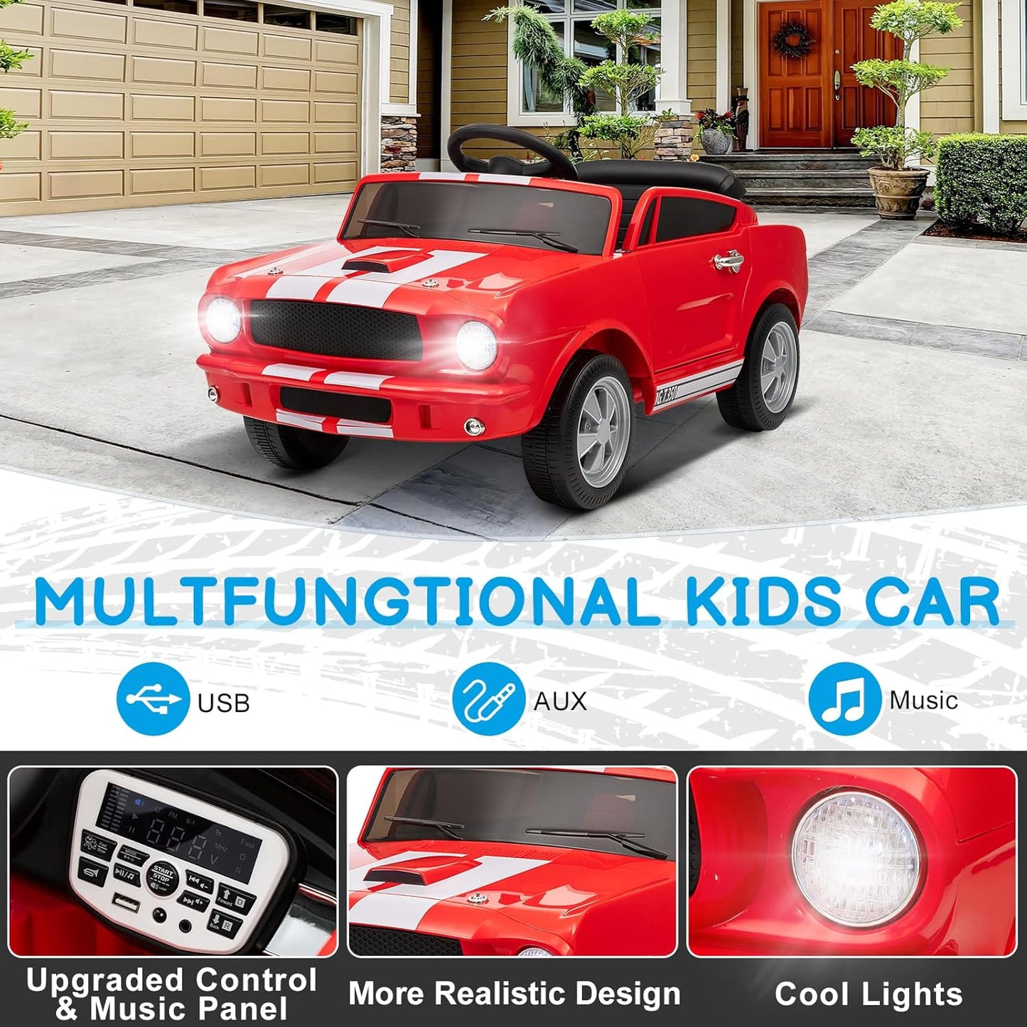 Winado Licensed Shelby Electric Car for Kids, Battery Powered Ride On Toy for Toddlers with Remote Control, Upgrade Display Panel, Bluetooth, Shock Absorbers, Safety Belt, 3 Speeds, LED Lights - Red