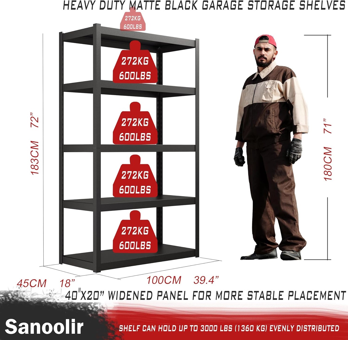5 Tier Garage Shelves - 72"H x 39.4"W x 18"D, 3000 lbs Heavy Duty, Matte Black, Adjustable Metal Shelving for Industrial Garage Storage