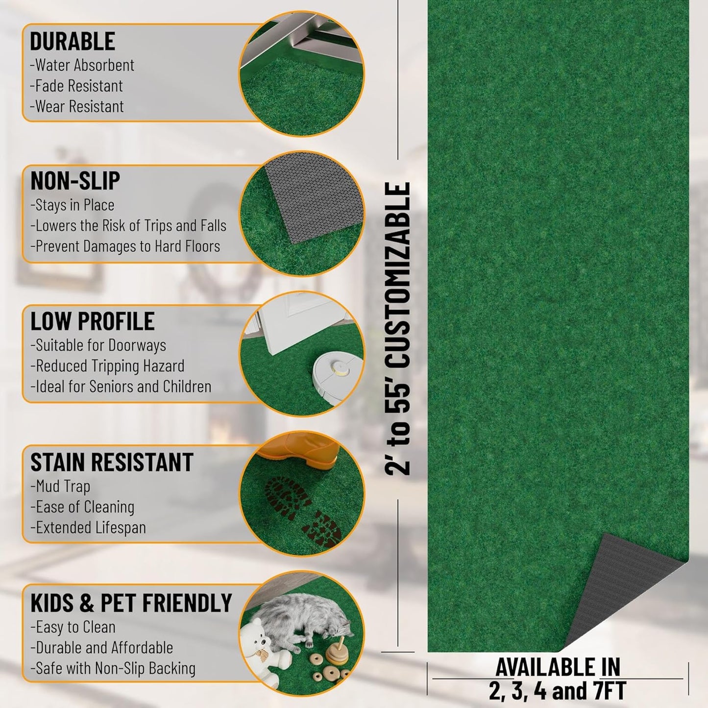 Ottomanson 2'7" x 21' Hallway Runner with Scraper Pile - Extra Durable Non-Slip Rug Mat for Indoor & Outdoor Use - Ideal for Kitchen, Entryway & Garage - High-Traffic Carpet, Green