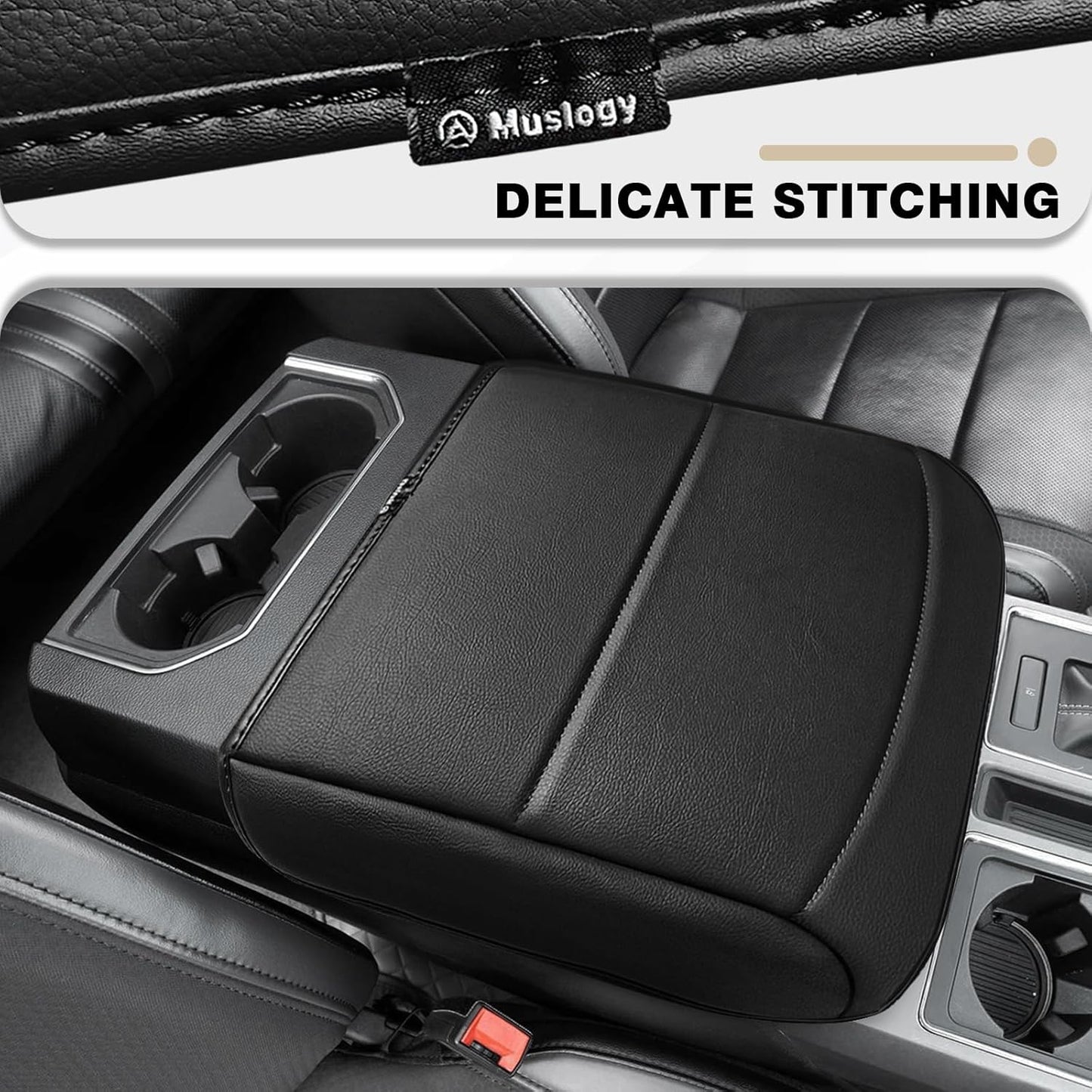 Muslogy Center Console Armrest Cover Compatible with Ford F150 2021-2024 2025 Comfort Armrest Pad Arm Rest Cushion Vegan Leather Protector Regular Thick(Bucket Seat ONLY)