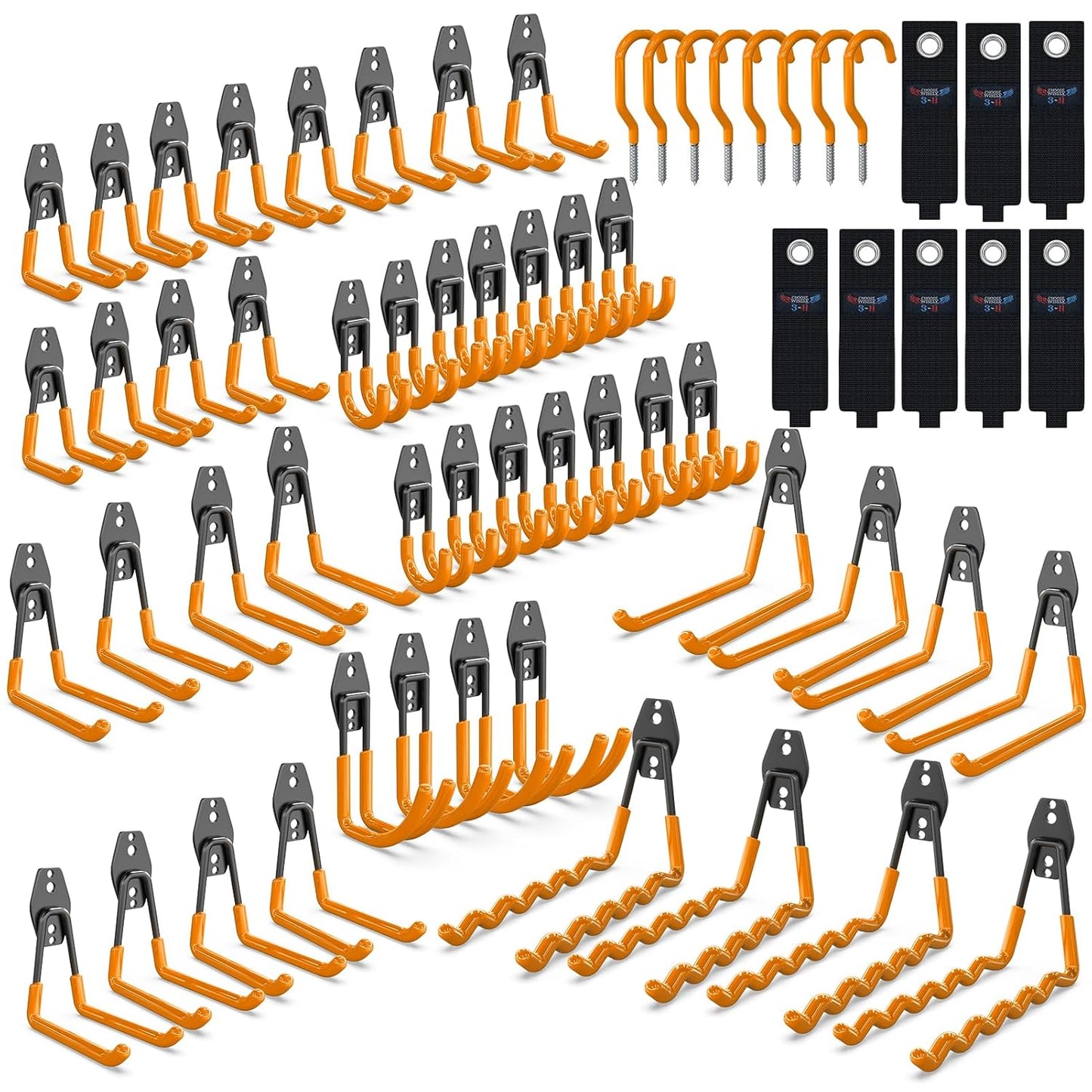 3-H Garage Wall Hooks 62 Pack, Heavy Duty Garage Hooks with Extra Welding Spots, Wall Mount Storage Organizer for Hanging Garden Lawn Tools, Ladder, Bike, WeedEater, Chair, Shovel, Blower (Orange)
