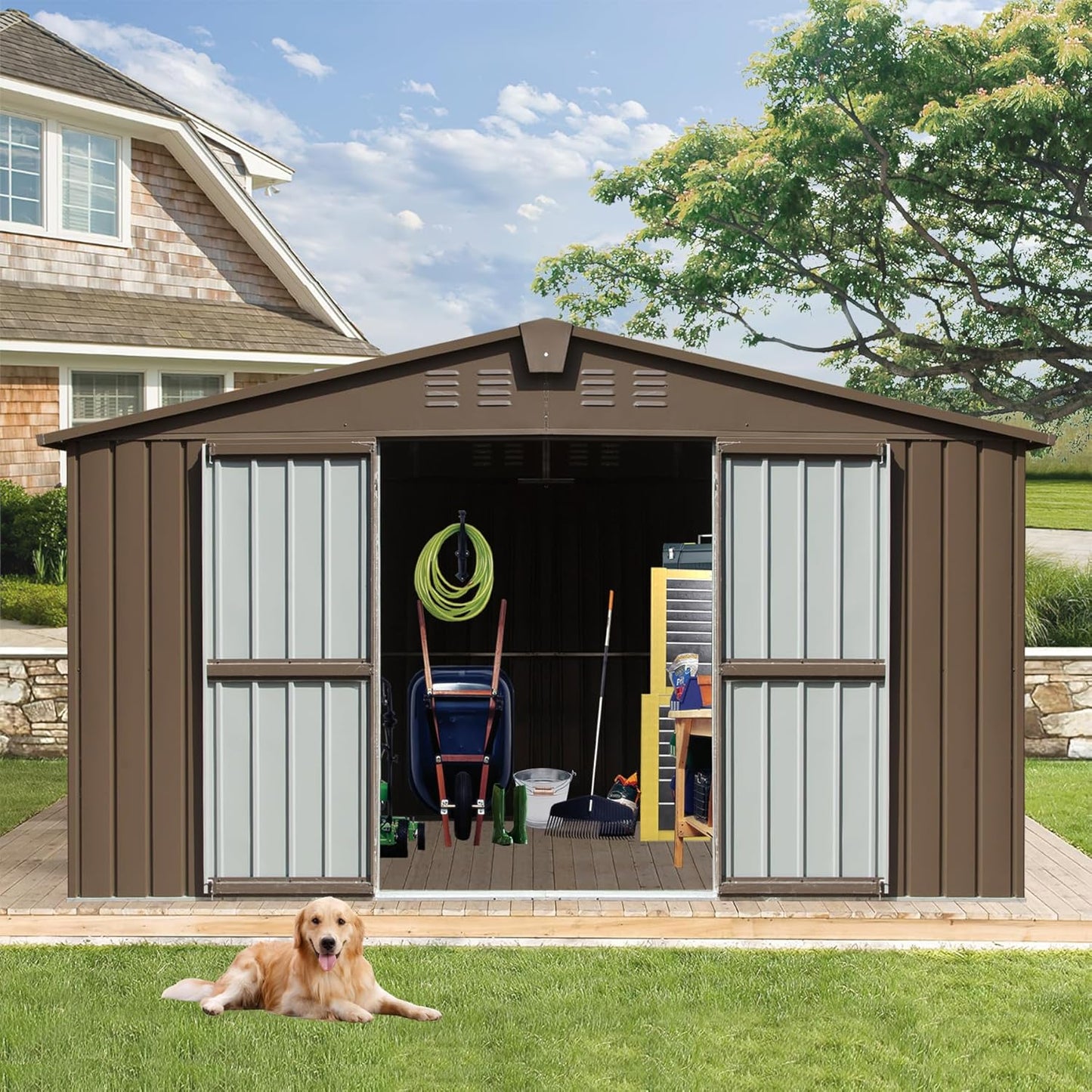 IKERY Large Galvanized Steel Storage Shed 11' x 9' with Windows & Lockable Door - Outdoor Garden & Utility Tool Shed for Backyard, Patio - Brown