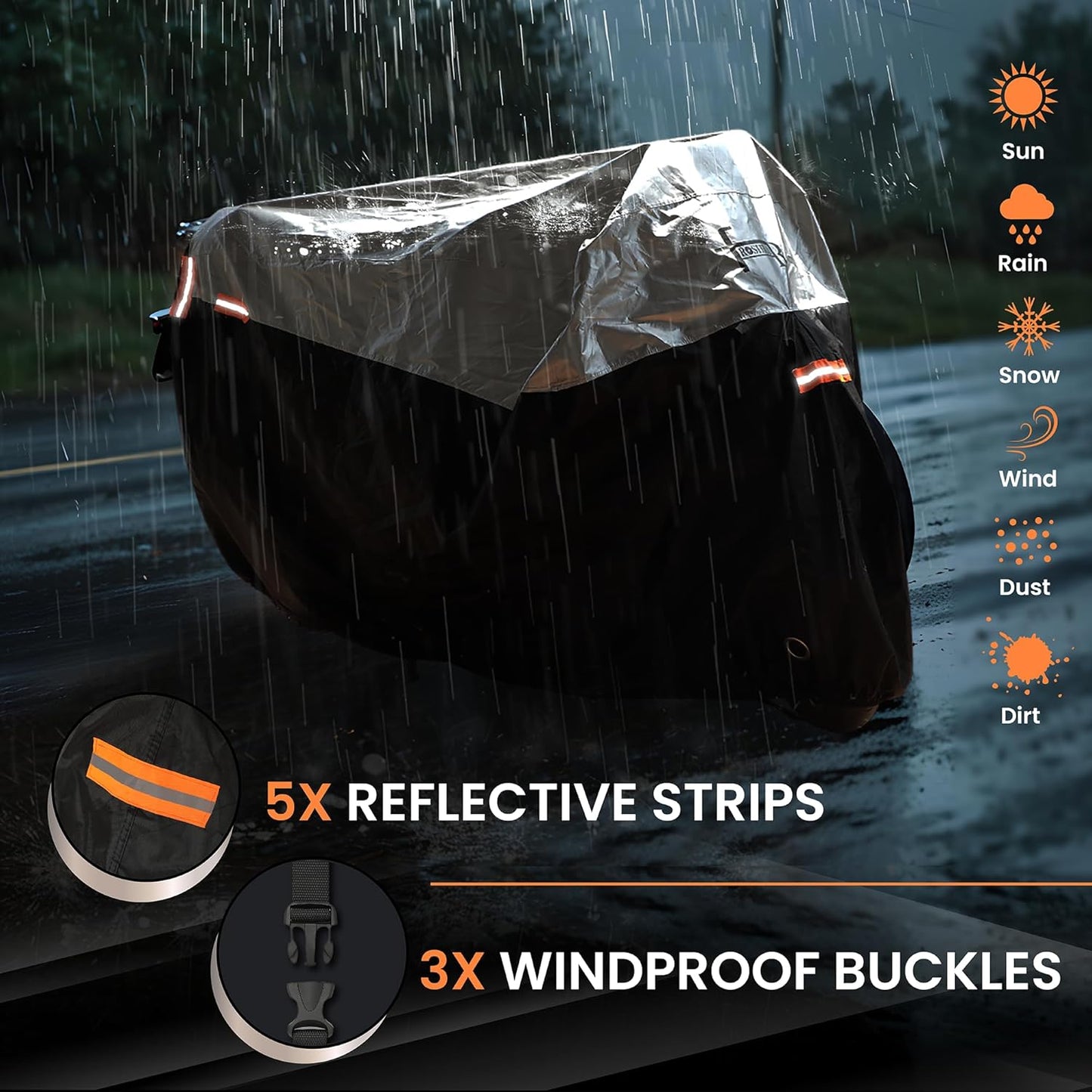 Motorcycle Cover Waterproof Outdoor with Cotton Lining, All Weather Protection from Rain, Dust & Snow - 300D Heavy Duty, Lock Holes, Storage Bag, Universal Fits up to 96" Motorcycles - MC1