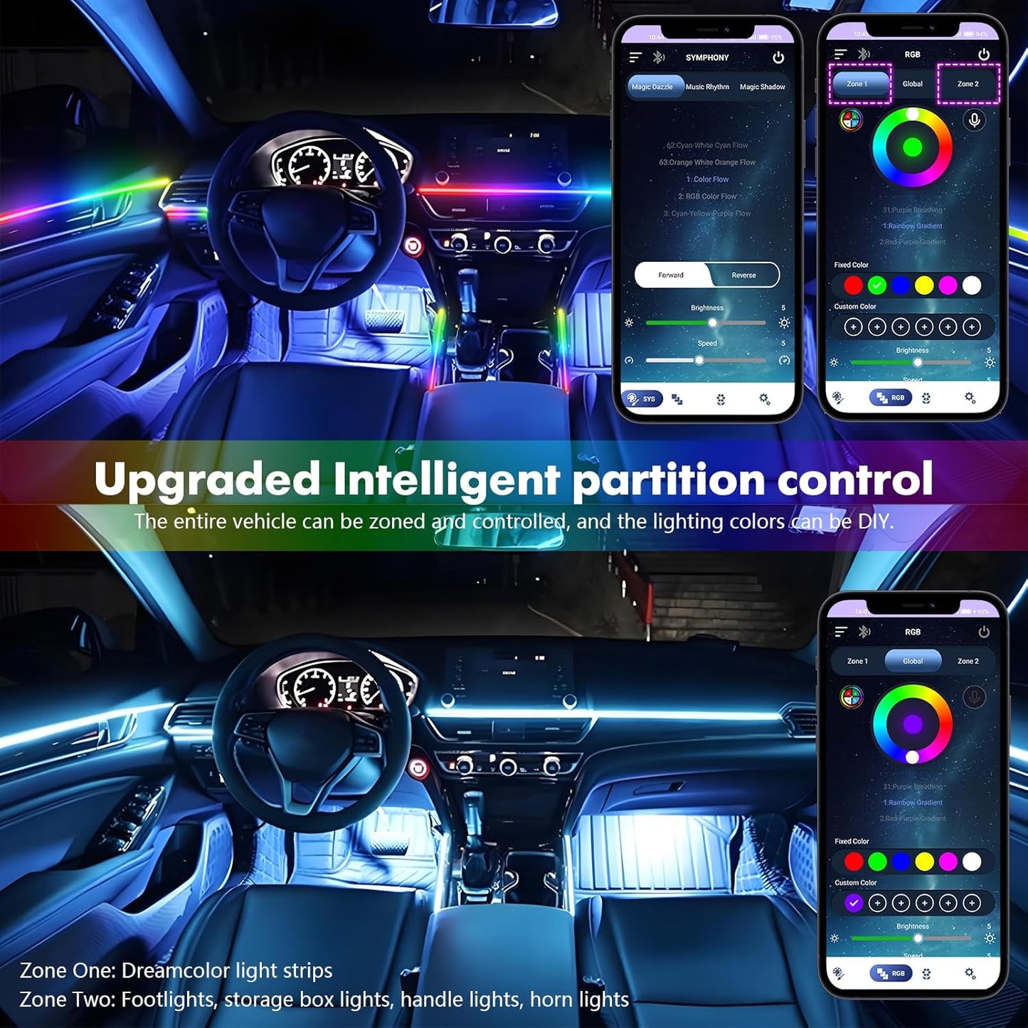 New Version Acrylic Car Dreamcolor Ambient Lighting Kit 14 in 1 LED Interior Car Strip Lights APP Control Zoned Control System 252 Color Modes DIY Neon Wireless Sound Activated RGB Light Bar