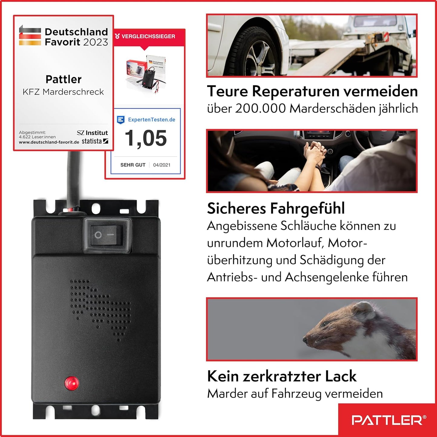 PATTLER® Marten Repellent for Car Engines - Ultrasonic Marten Repeller Under Hood for Immediate and Long-Term Protection Against Martens. Marten Deterrent for Cars Powered by 12V Car Battery - 1 Unit