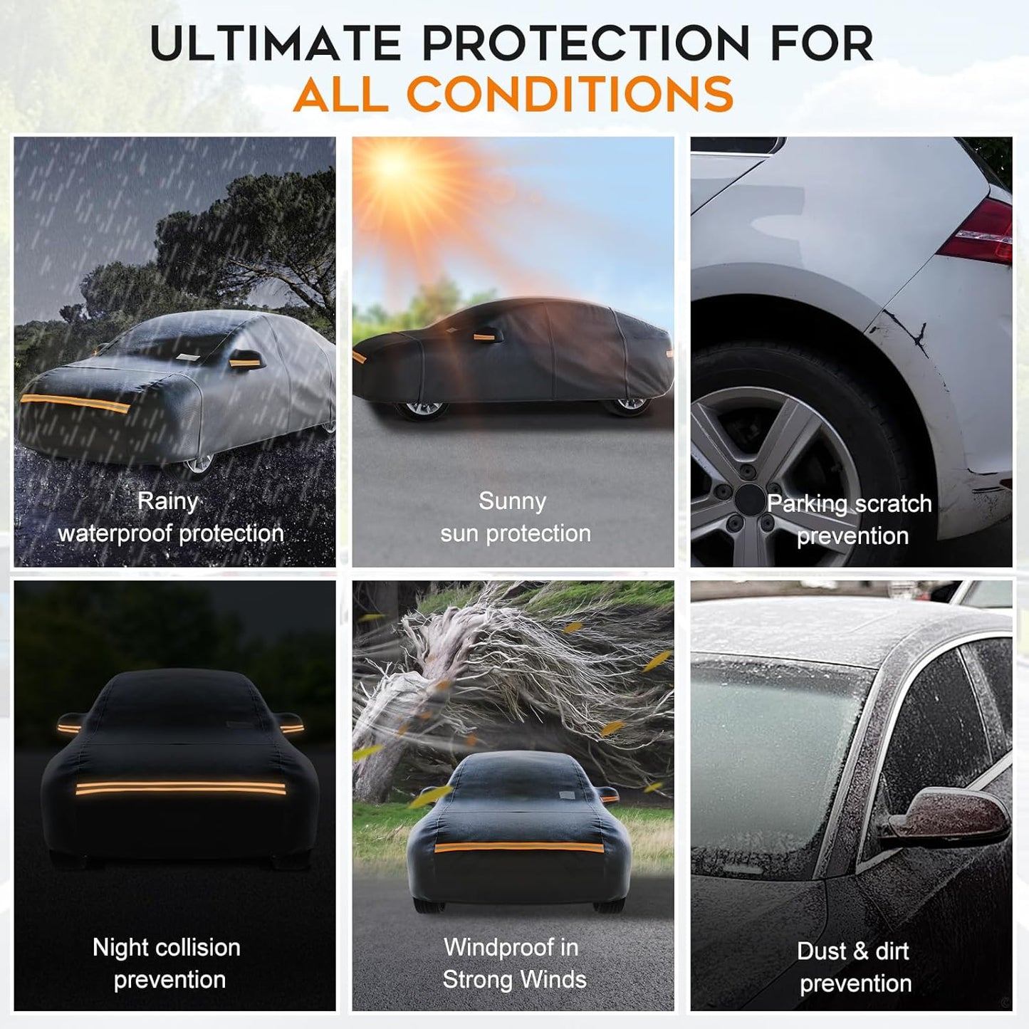 Sedan Car Cover Waterproof All Weather for Automobiles，Outdoor Heavy Duty Full Exterior Covers with Zipper Door, Rain Sun Snow Dust UV Protection, Windproof Straps & Reflective Strips(Up to 169")