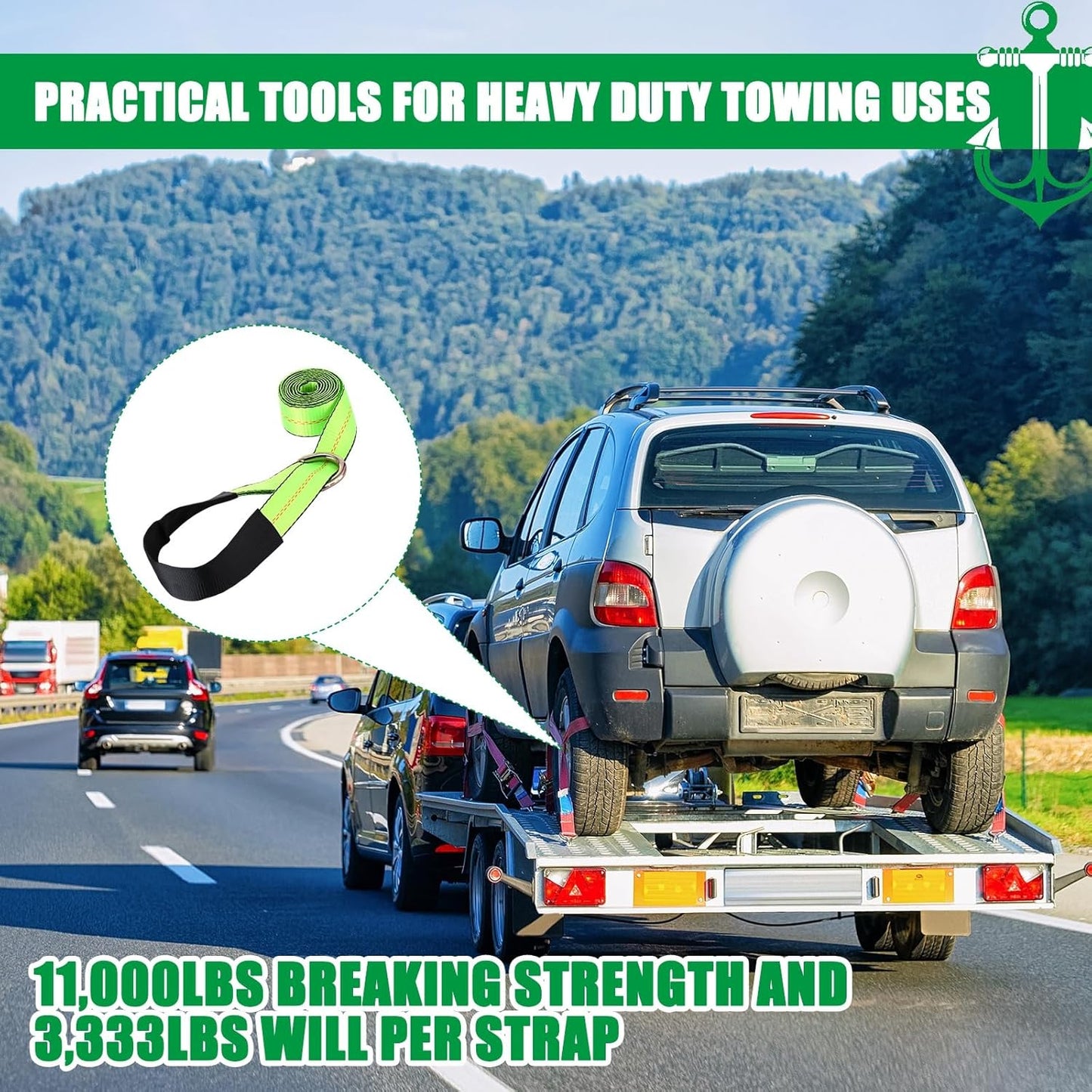 8Pack 2" X 10 ft Tow Truck Straps Lasso Wheel Lift Straps Lasso Tow Strap with D Ring 11, 000 Lbs Break Strength Auto Tie Down Auto Hauler for Trailer Truck Tie (Green)