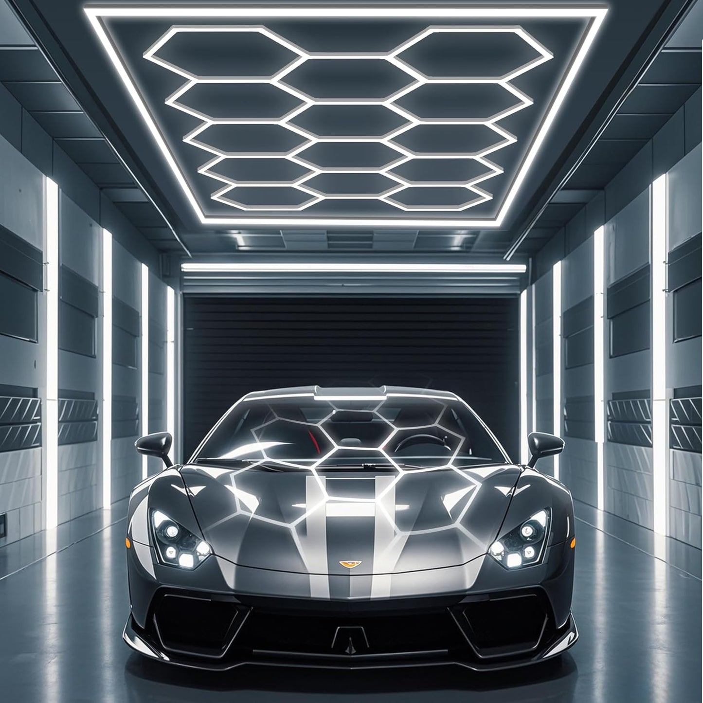 tewei Hexagon LED Garage Lights with Rectangle Frame, 900W 90000LM 6500K, Ultra-Bright Hexagon LED Shop Lights for Garage, 14 Grids Hex Ceiling Light for Workshop, Warehouse, Gym, Car Detailing Shop