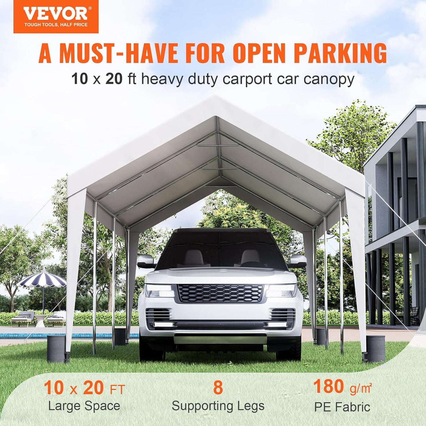 VEVOR Upgraded 10x20 ft Heavy Duty Carport Car Canopy, Car Port Garage Boat Shelter Party Tent with 8 Reinforced Poles and 4 Weight Bags, UV Resistant Waterproof Tarp for SUV, Truck, Boat