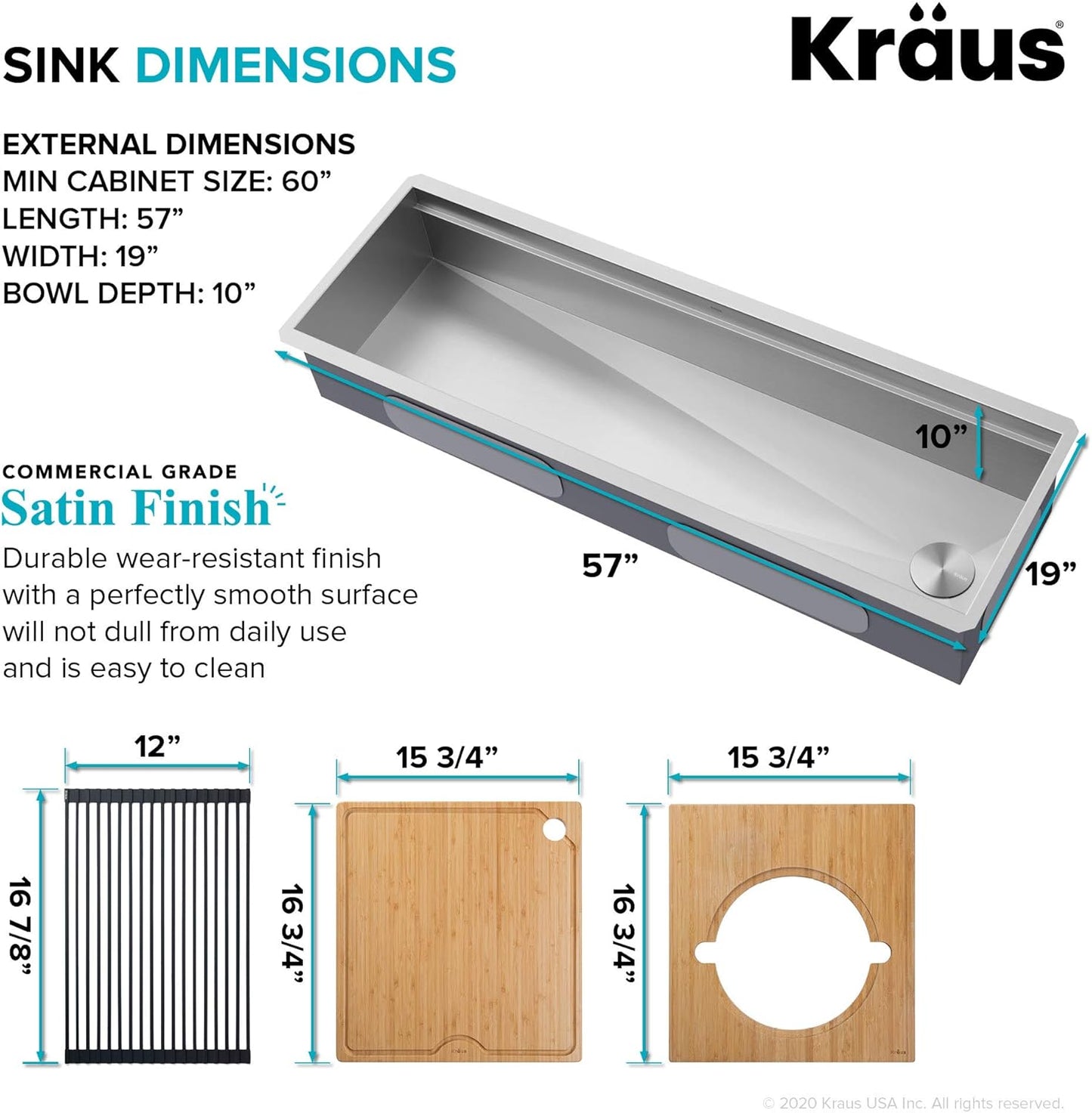 KRAUS Kore 57-inch Undermount Workstation 16 Gauge Single Bowl Stainless Steel Kitchen Sink with 10 Accessories, KWU210-57