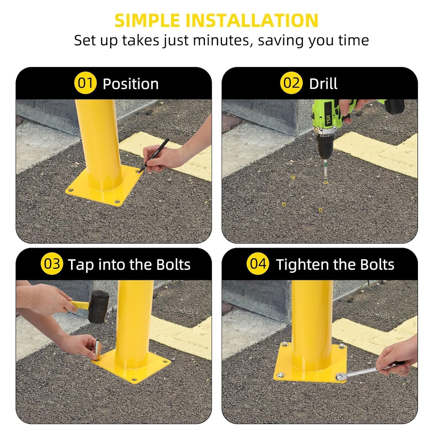 Safety Bollard 2 Packs, 42 Inch Height Steel Post, 4.5 Inch Diameter Parking Bollard, Yellow Safety Bollard Post with 8 Anchor Bolts, Ideal for Ideal for Parking Warehouse Park Traffic Area