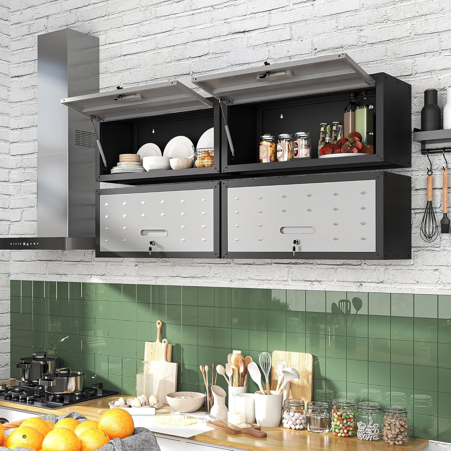 Garage Wall Cabinet with Flip-Up Door, Lockable Metal Storage Cabinet Wall Mounted, Hanging Tool Cabinet for Garage Basement Utility Room (Black &Grey)