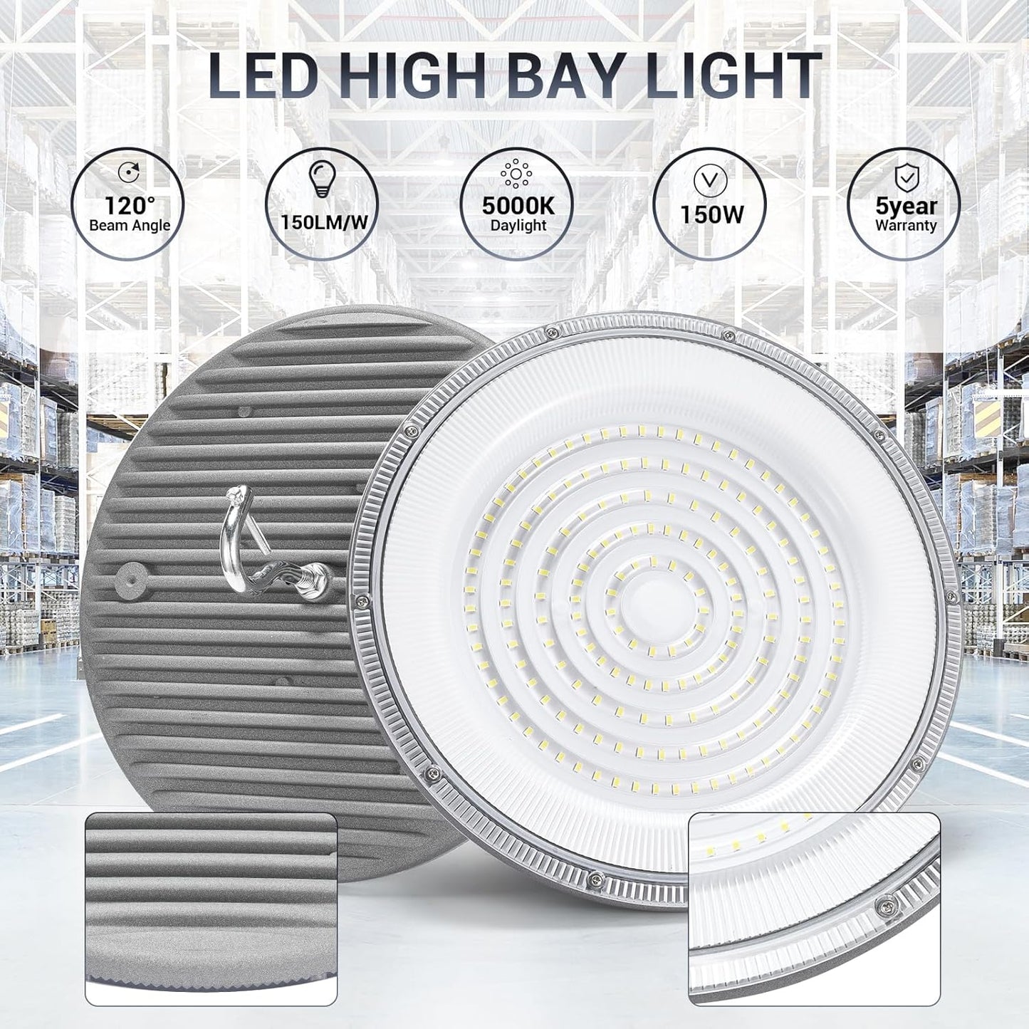 10 Pack 150W UFO Led High Bay Light,120VAC,5000K Daylight Commercial Bay Lighting,IP66 Waterproof,21050LM,650W MH/HPS with Plug Area Lighting for Warehouse/Shop/Workshop/Barn/Gym/Factory