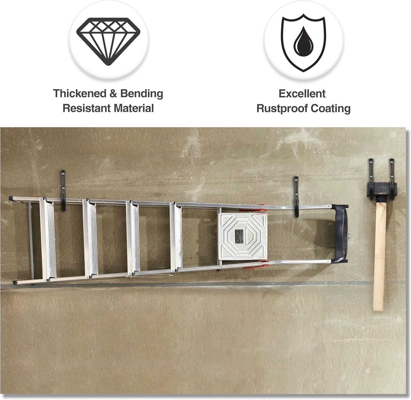 KURUI Wall Hooks for Garage Garden, 4 Pack Water Hose Holder, Large Garage Storage Hanger for Ladder Bike Extension Cord Tool, Wall Mount l Hooks, Black Heavy Duty 8 inch Long Hook