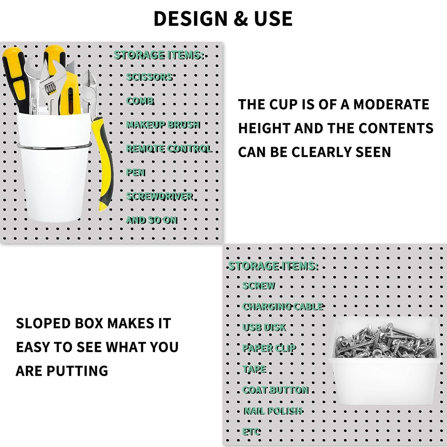 6 Sets Pegboard Bins Cups with Hooks Loops, Pegboard Hooks Assortment, Hooks for Pegboard Cup Holder for Tools Accessory Storage Organizer for Office Workshop Garage Workbench White