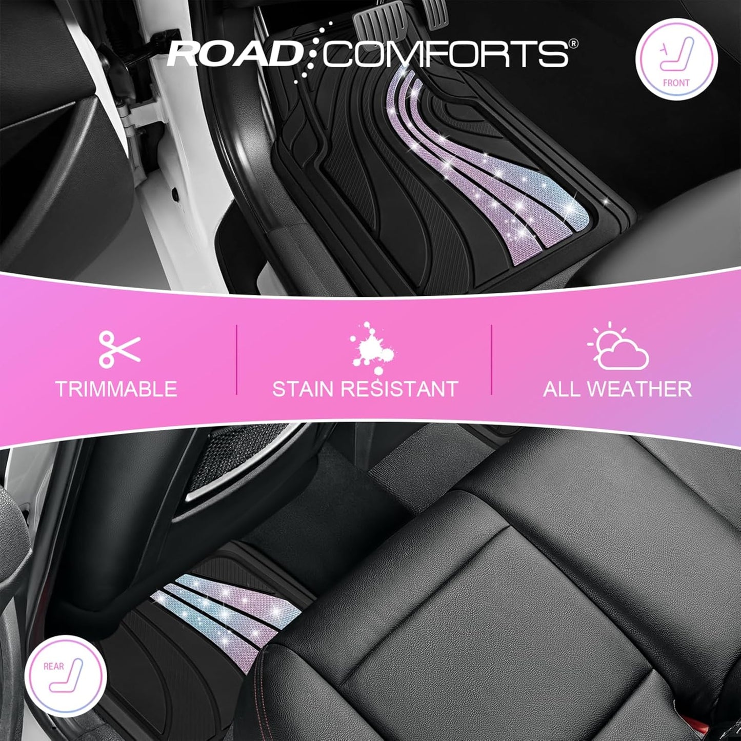 Road Comforts Car Floor Mats Full Set – Front & Rear Car Floor Mats with Aluminum Design, Anti-Slip Backing, All-Weather Protection, Trim-to-Fit Car Mats for Most Sedans, SUVs & Vans - Glitter