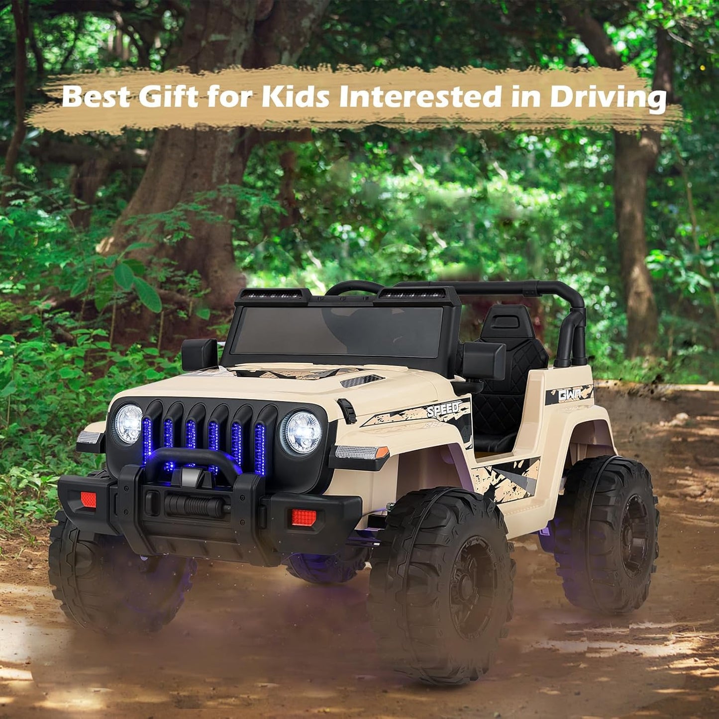 INFANS Kids Ride on Car Truck with 2.4G Remote Control, 12V Battery Powered Electric Cars for Kids w/3 Speeds, Battery Display, LED Lights, Safety Belt, Music & Horn, Bluetooth/FM/USB (Khaki)