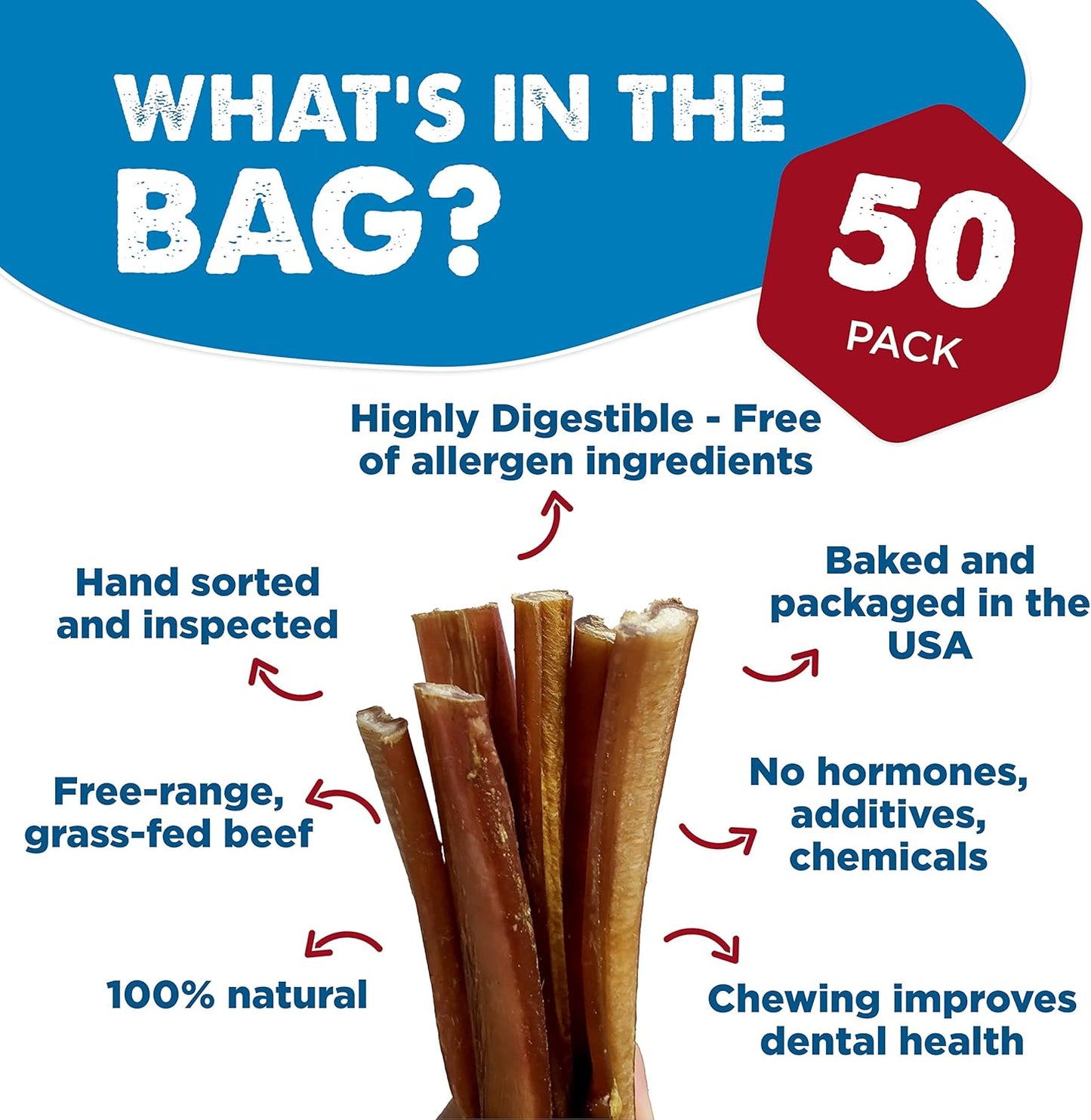 Best Bully Sticks 12 Inch Bully Sticks for Dogs - 50 Count (Pack of 1) - Natural, Easily Digestible, 100% Grass-Fed Beef, Grain and Rawhide Free