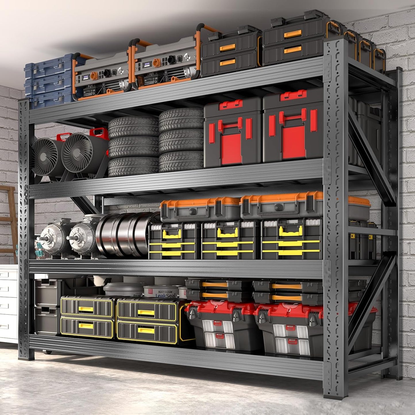 Metal Garage Shelving Unit, Heavy Duty 4-Tier Adjustable Storage Rack, 6000 LBS Loads Industrial Utility Shelves for Garages, Warehouses, Kitchen, Black, 71" W x 24" D x 71" H