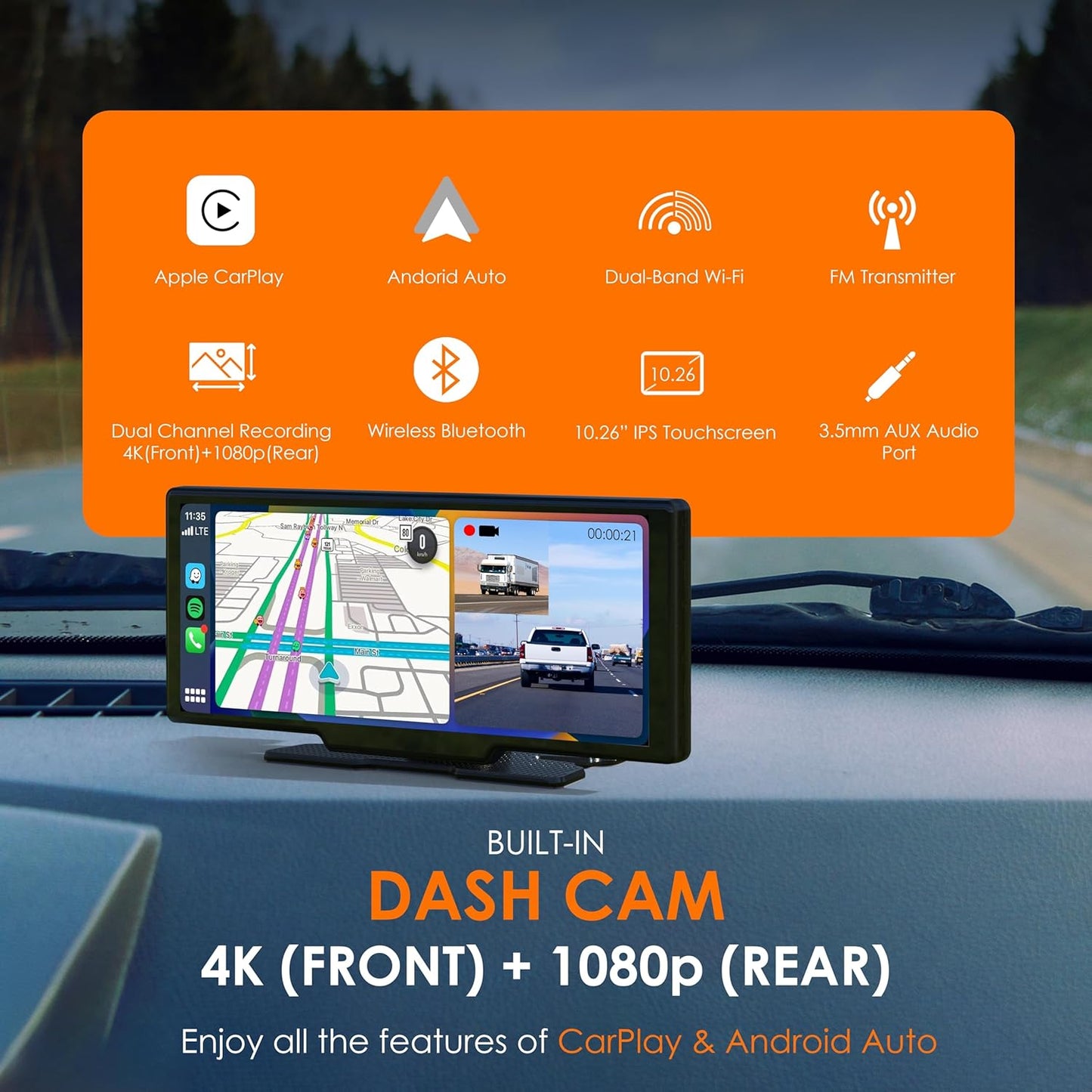 CPDuo Pro - 10.26" 4K Dash Cam with Wireless CarPlay & Android Auto, Touchscreen, GPS, Bluetooth, WDR, Night Vision, 170° Wide, Parking Mode