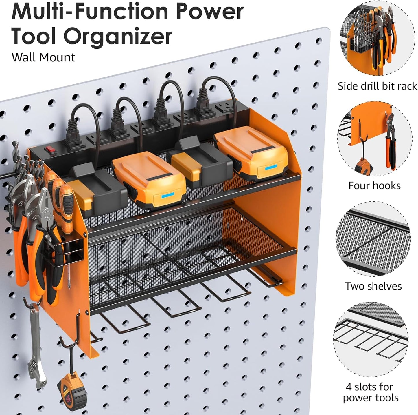 CCCEI Set Power Tool Organizer Wall Mount with Charging Station. Garage 4 Drill Storage Shelf with Hooks, Heavy Duty Metal Tool Battery Charger Organizer. Shop Utility Rack with Power Strip Orange.